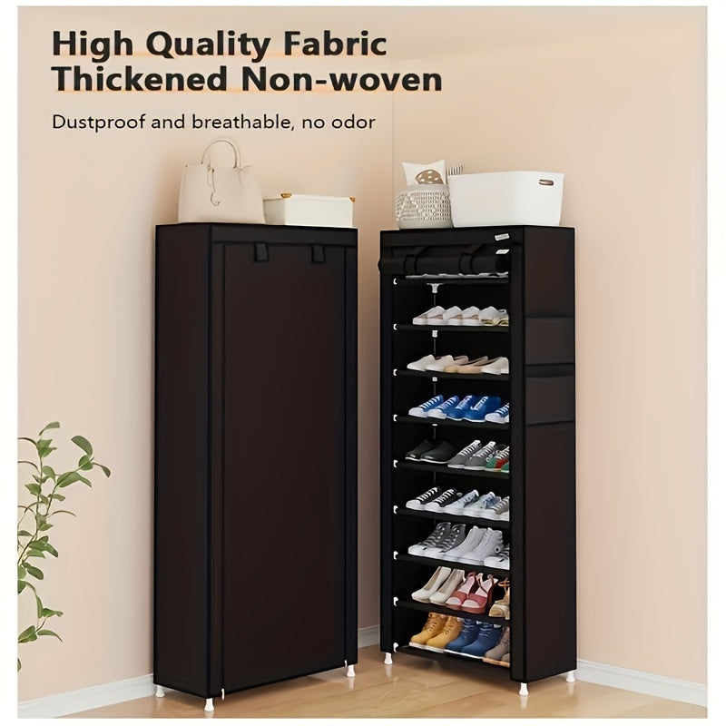 10-Tier High Capacity Shoe Rack with Dust Cover, Space-Saving Design, Easy Assembly, Durable Plastic & Metal Construction, Perfect for Home Entryways and Closets, Holds Up to 8.82LB, Black, Shoe Storage Organizer