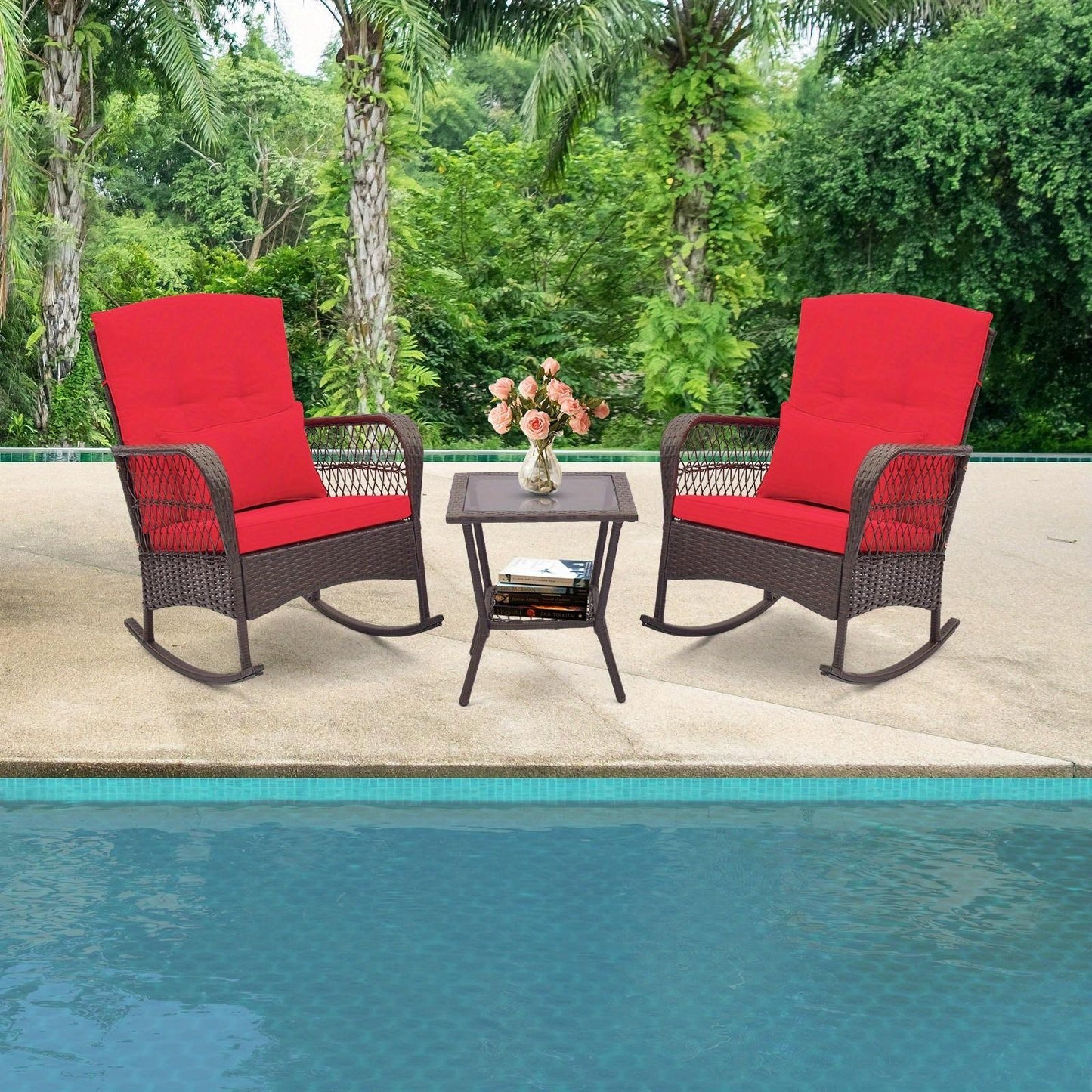 3pcs Patio Rocker Set, Outdoor Wicker Rocking Chairs w/ Double-Layer Coffee Table, Rattan Rocker Chair Set w/ Seat Back Cushions & Pillows, for Porch, Backyard, Poolside.