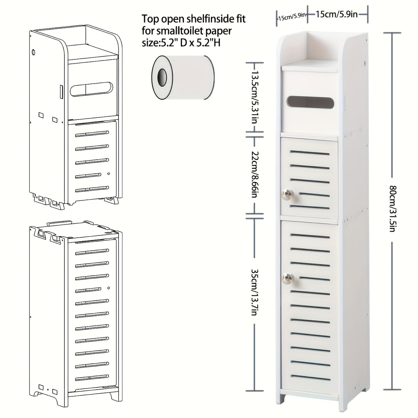 Slim White Wooden Bathroom Storage Cabinet with 2 Doors & Shelves