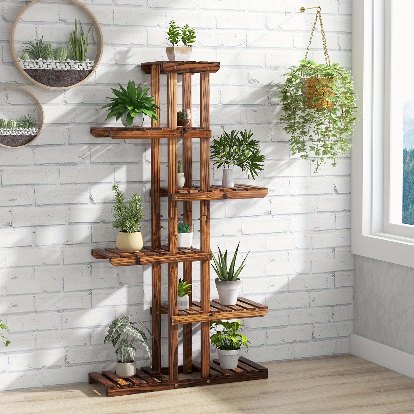 6-Tier Wooden Plant Stand - Sturdy Fir Wood Indoor/Outdoor Flower Rack with 6 Shelves, Easy Assembly for Balcony, Garden, Living Room - Space-Saving Vertical Design for Multiple Pots, Indoor Plant Display, Natural Wood Finish, Durable Construction
