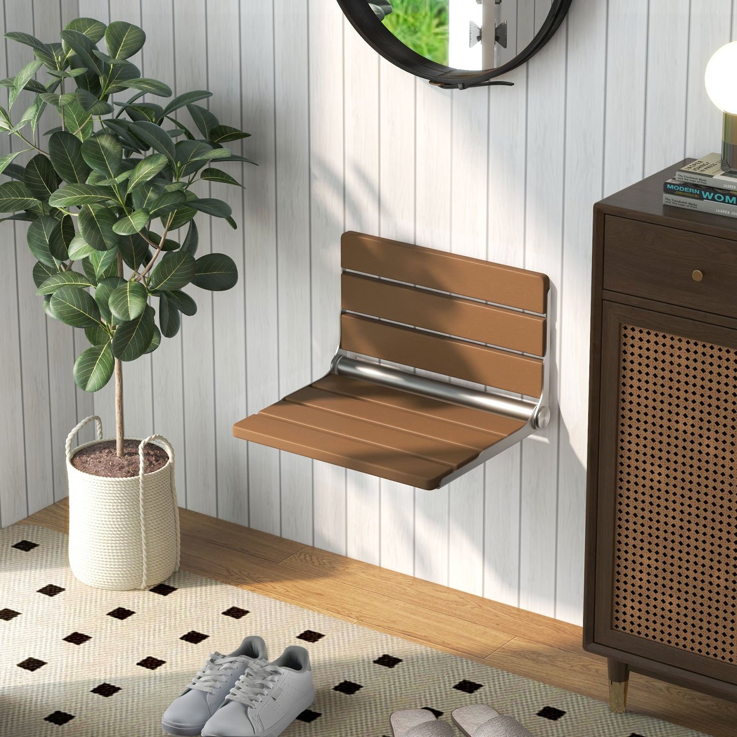 Space-Saving Folding Shower Bench - Sturdy Stainless Steel & HIPS, Wall-Mounted, Brown Wood Grain Design, Supports up to 330 lbs, Ideal for Seniors, Pregnant, Disabled with Easy Installation Kit, Shower Bench for Inside Shower