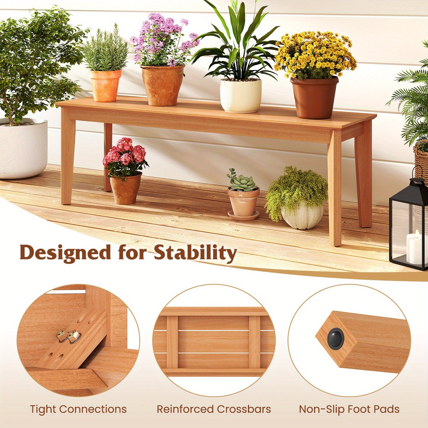 55" Teak Wood Bench - 3-Person Backless Seating with 880 lbs Weight Capacity, Sturdy Solid Wood Deck Bench for Outdoor Patio, Garden, Porch & Backyard - Durable Weather-Resistant Design