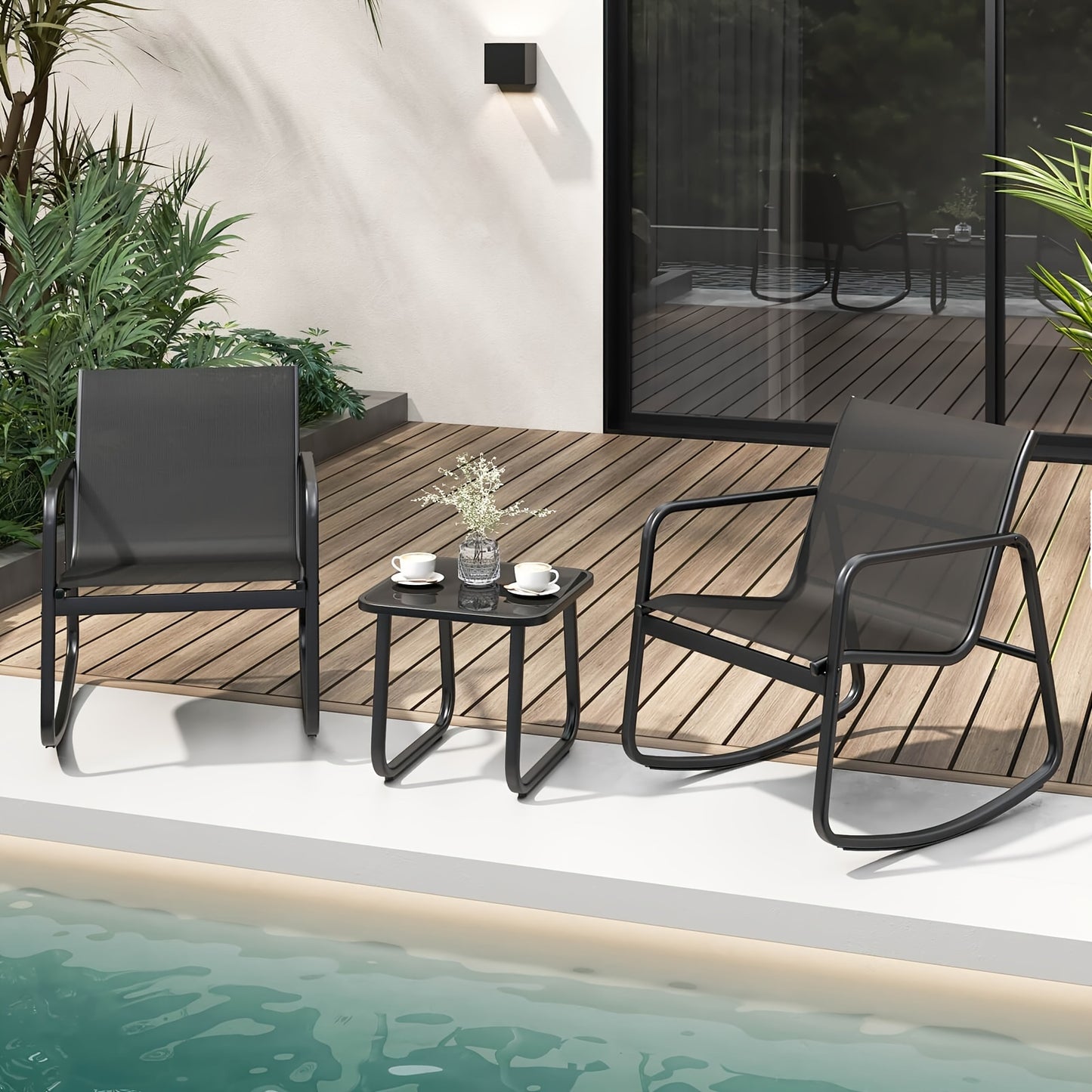3pcs/set COSTWAY Patio Rocking Chairs Set - 2 Rocking Bistro Chairs & Glass-Top Table For Porch