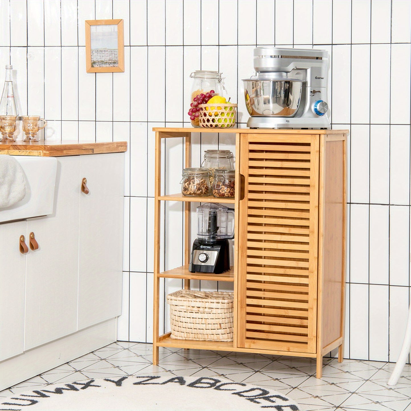 Bathroom Cabinet Bamboo Storage Floor Cabinet w/ Single Door & 3 Open Shelves