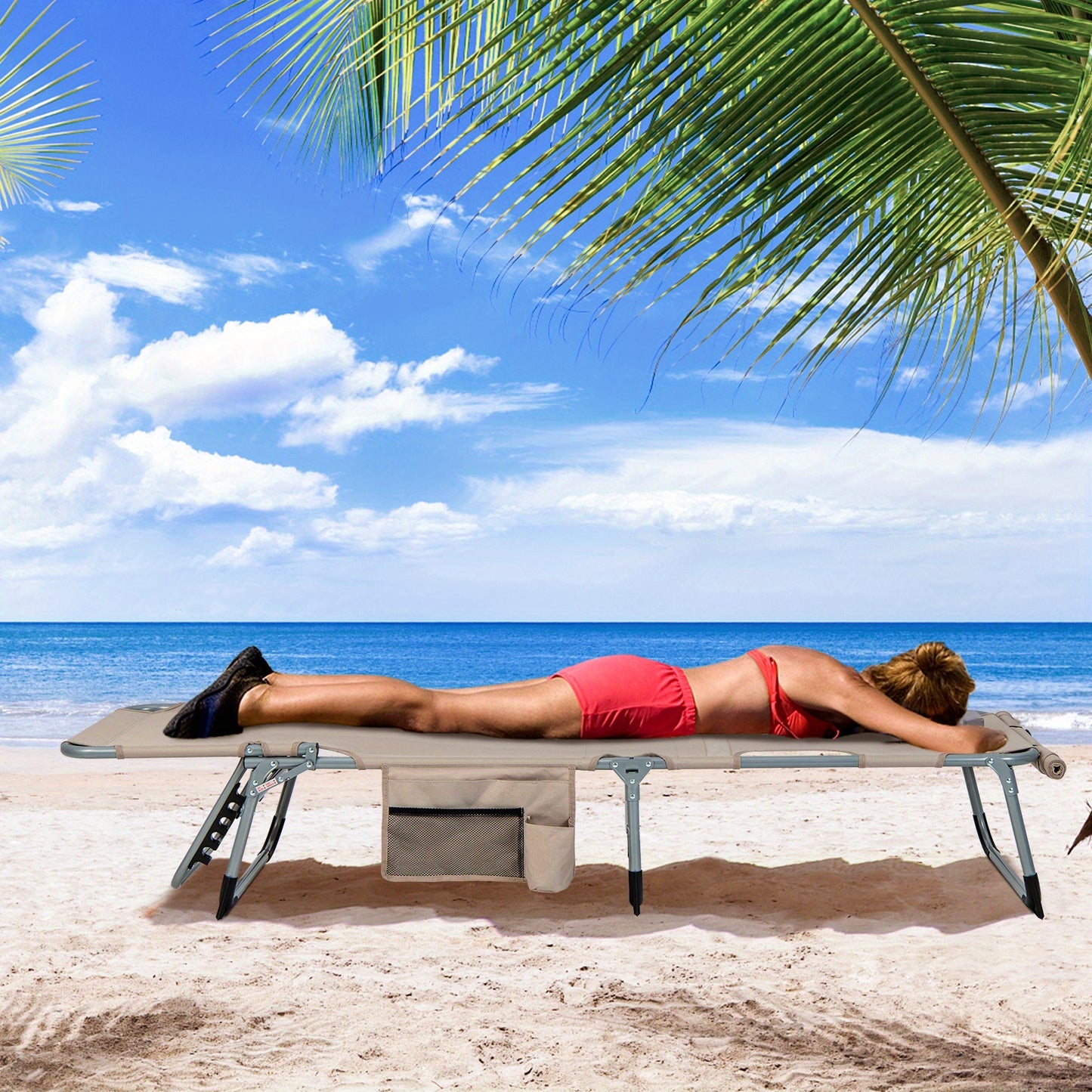 Heavy-Duty Outdoor Folding Chaise Lounge Chair - 5-Position Adjustable Backrest & Footrest, Portable Folding design with Face Hole & Armrests, Oxford Fabric & Aluminum Frame - for Pool, Beach, Patio, Camping - Supports 400 lbs