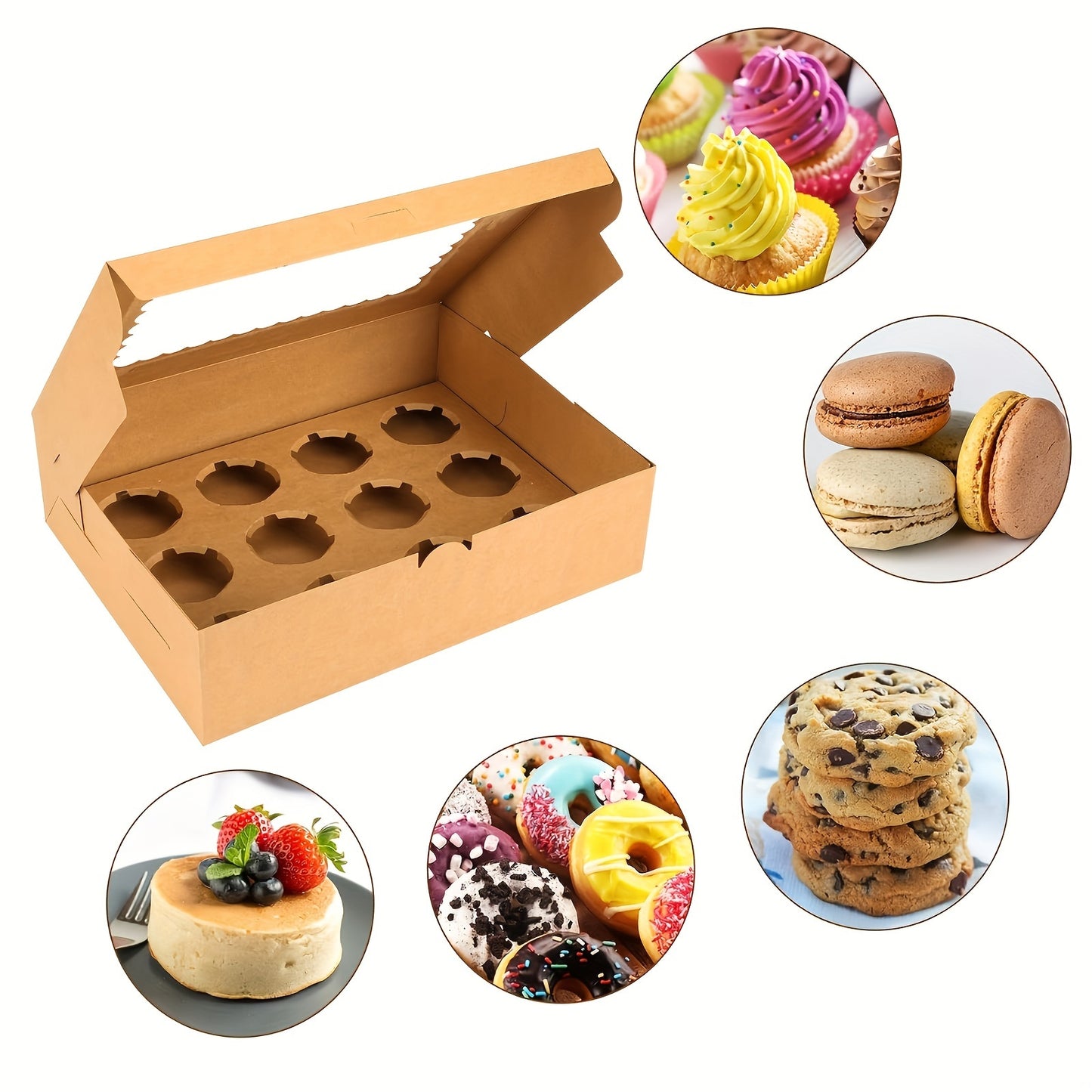 24/48/96pcs Brown Cupcake Containers - Kraft Bakery Carrier Boxes with Windows, Holds 12pcs Cupcakes, 13x10x3.5in, Includes Cardboard Inserts, Perfect for Christmas Gift Boxes, Muffins And Pastries