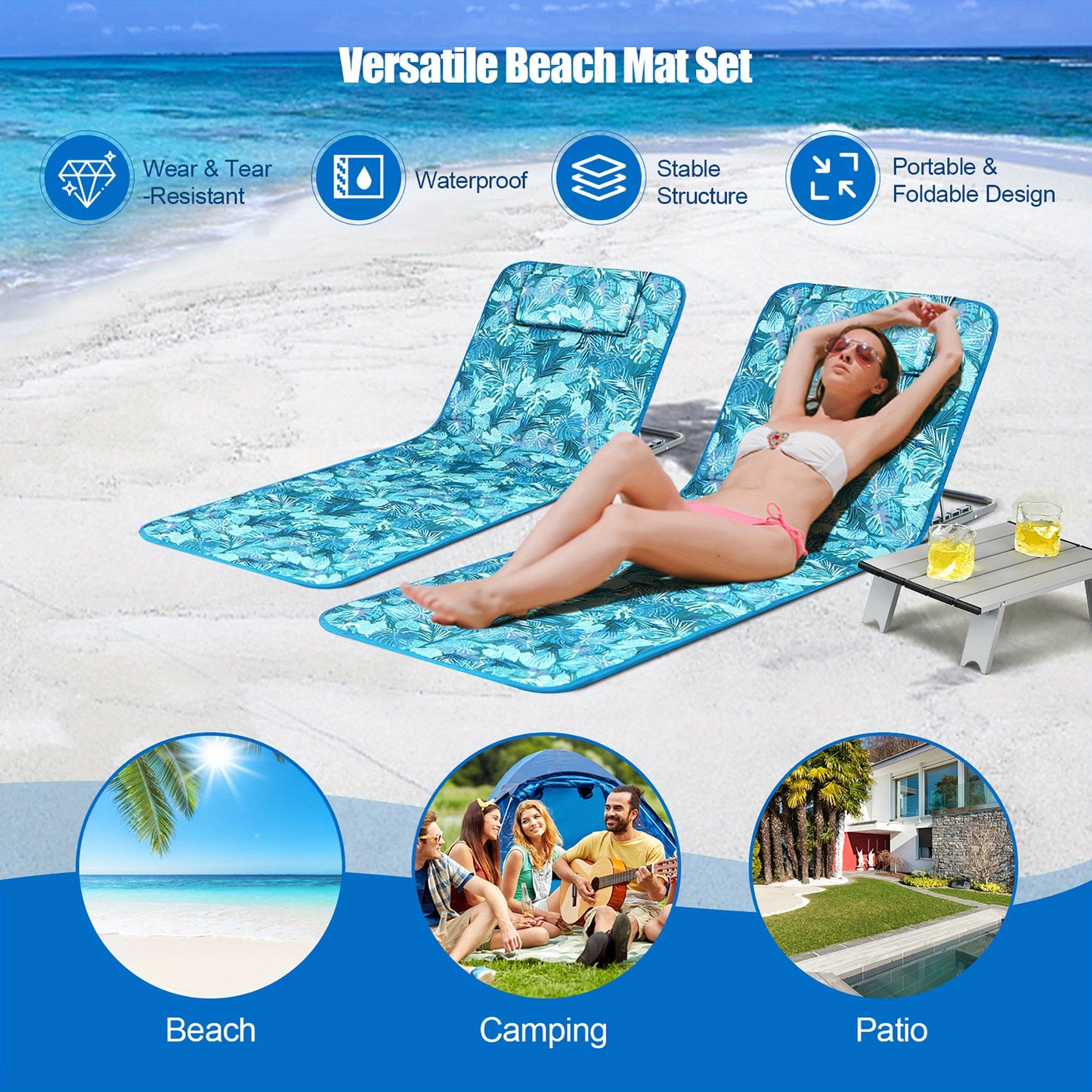 3-Piece Beach Lounge Chair Mat Set 2 Adjustable Lounge Chairs with Table Green