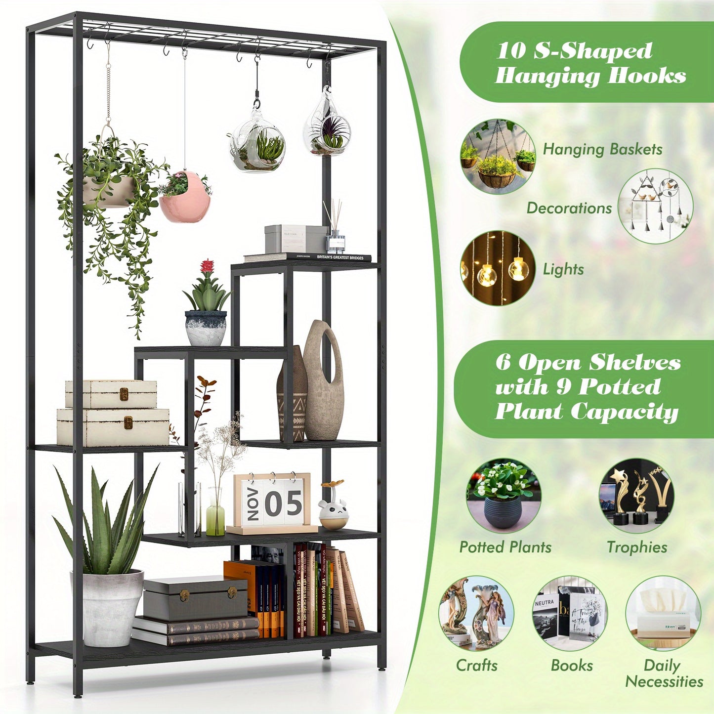 6-Tier Indoor Plant Stand 71" Tall, Sturdy Metal & Wood Plant Shelf with 10 S-Hooks, Large Capacity Vertical Space-Saving Design for Potted Plants, Bonsai, Books, Living Room, Balcony, Office, Balcony Organizer, Modern Aesthetic, Powdercoated Finish