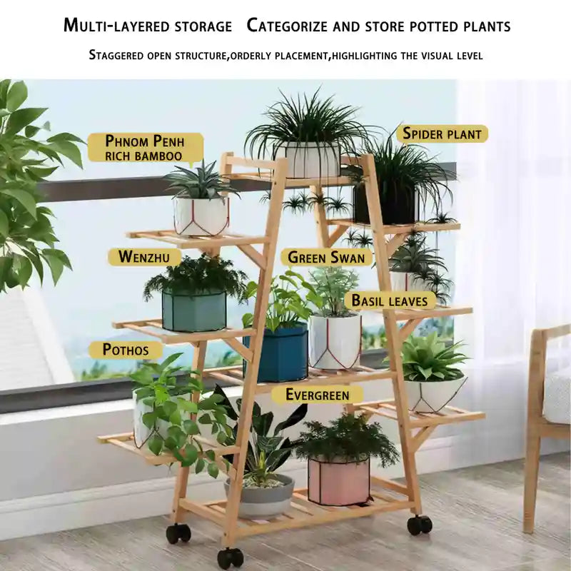 3-Tier Wooden Plant Stand with Wheels - Mobile Indoor/Outdoor Rolling Shelf for Potted Plants, Space-Saving A-Frame Design, Rustic Home Decor & Gardening Tool Organizer, Durable Wooden Construction