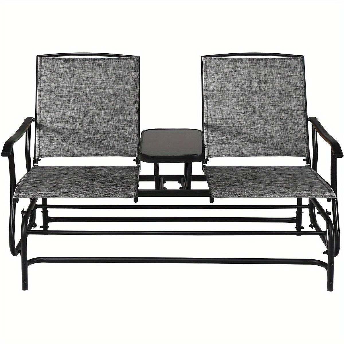 Patio Bench Glider Chair With Metal Frame, Center Tempered Glass Table, Outside Double Rocking Swing Loveseat For Porch, Garden, Poolside, Balcony, Lawn Rocker Outdoor Glider Bench (Gray)
