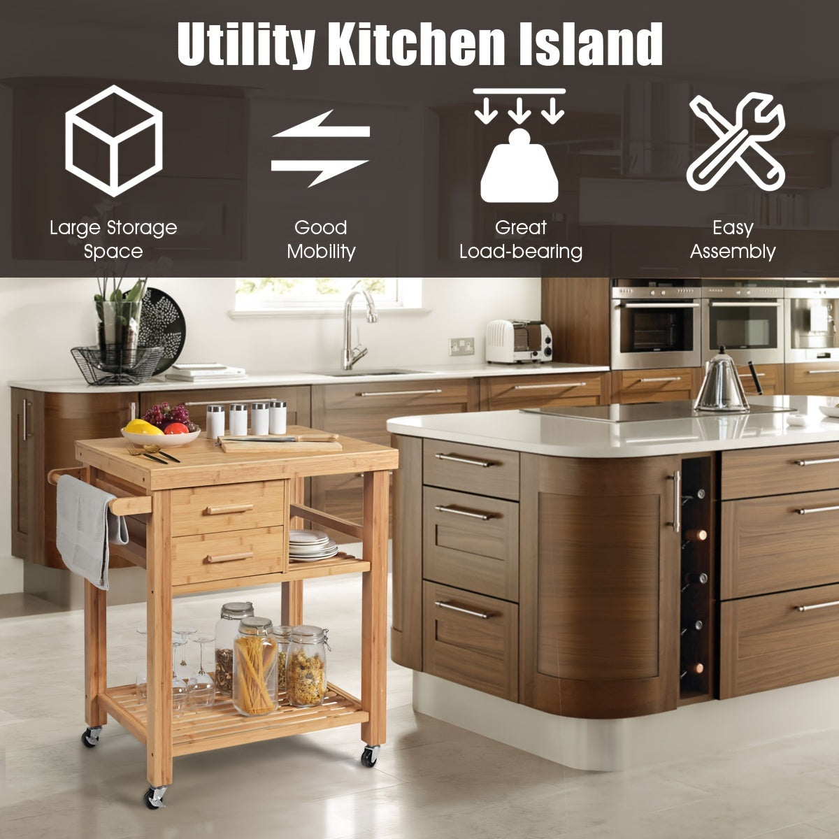 Bamboo Rolling Kitchen Trolley Cart With Towel Rack And Drawers, Classic Style, Portable Wood Island On Wheels, Versatile Storage For Home And Dining