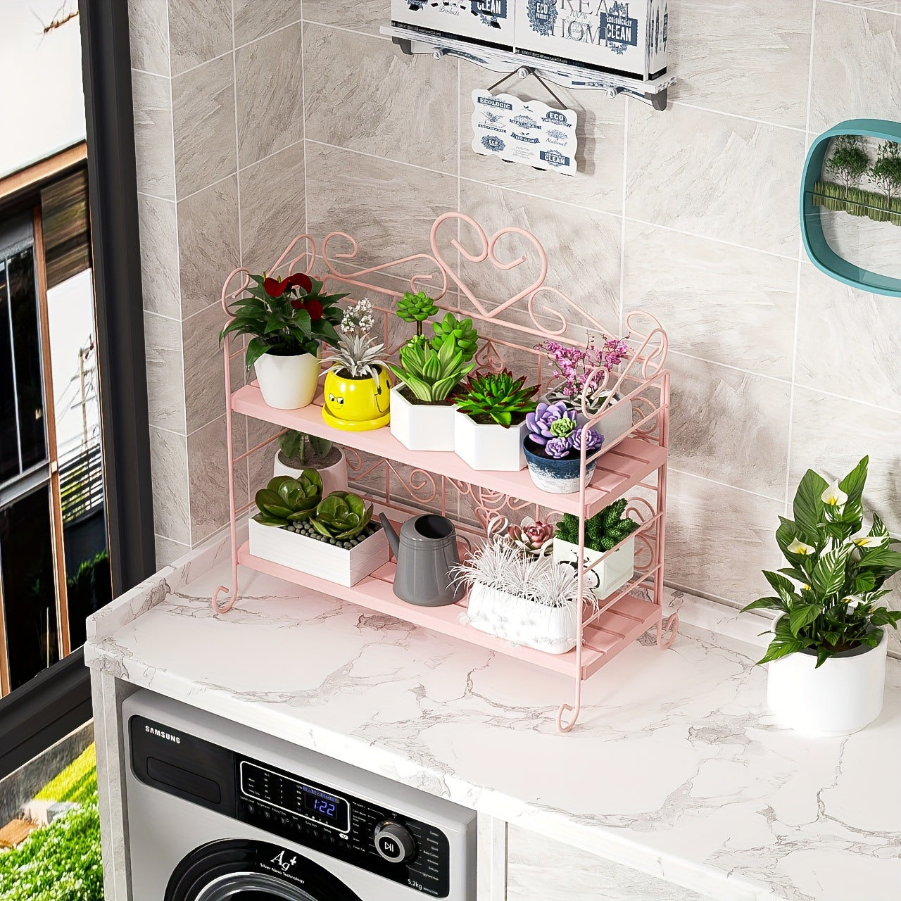 2- Shelf Foldable Metal/Wood Storage Organizer For Bedroom Kitchen Bathroom Living Room Garden Storage Shelf, White/Pink, Utility Racks