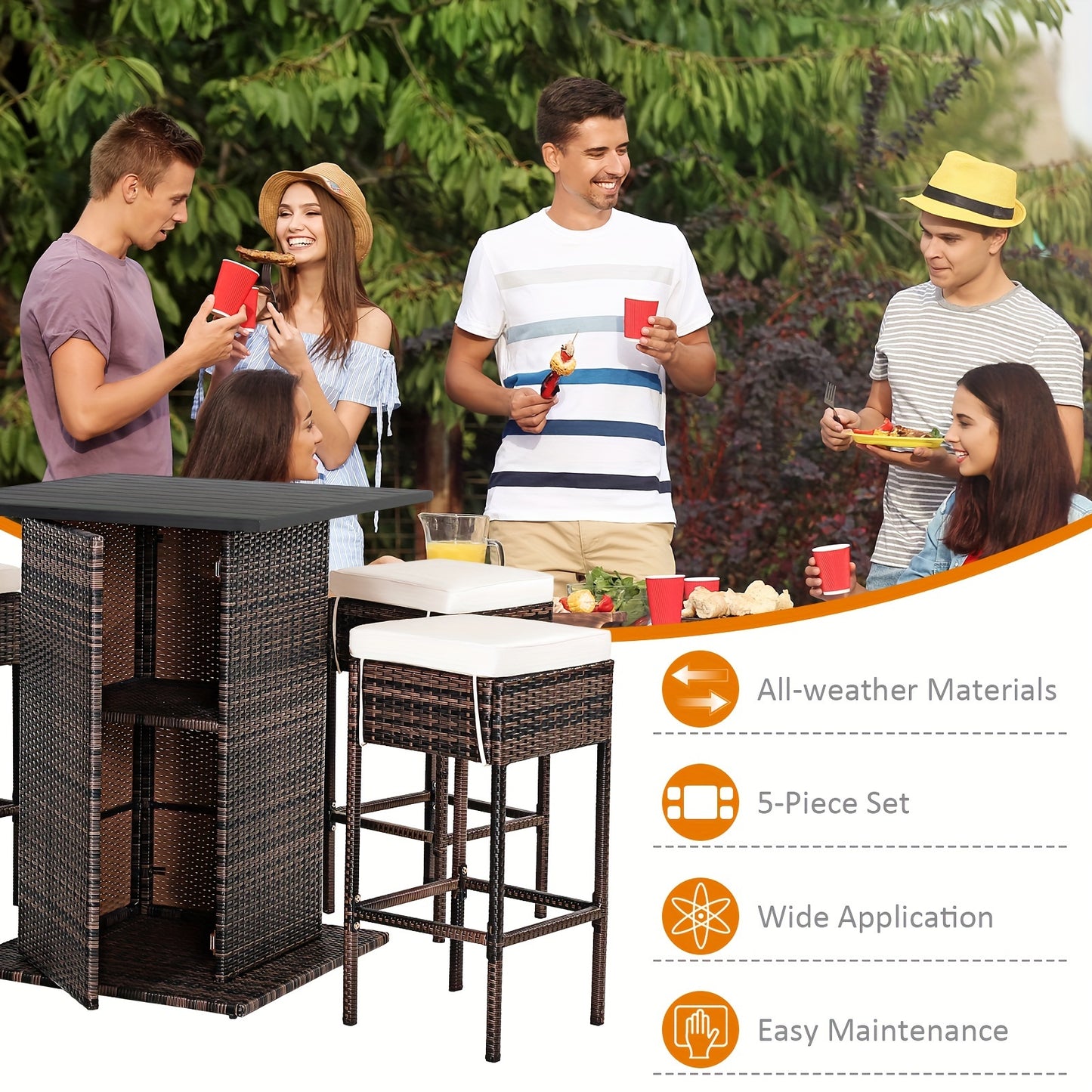 5pcs Rattan Patio Bar Set with Hidden Storage - Includes Table, 4 Stools & Waterproof Cushions - Weather-Resistant PE Wicker for Outdoor Gatherings, Shelf