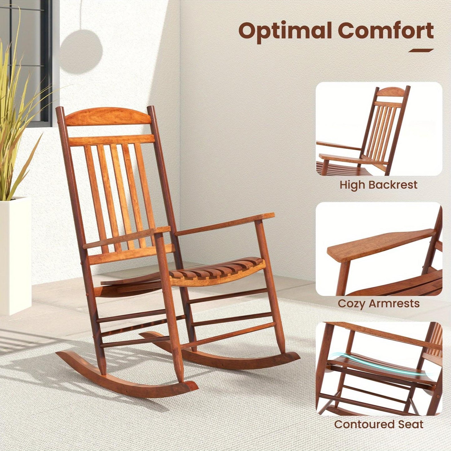 3pcs COSTWAY Outdoor Poplar Wood Rocking Bistro Set with Armrests, High Back Chairs & Folding Coffee Table - Ideal for Patio, Porch, Garden Relaxation, Outdoor Patio Furniture