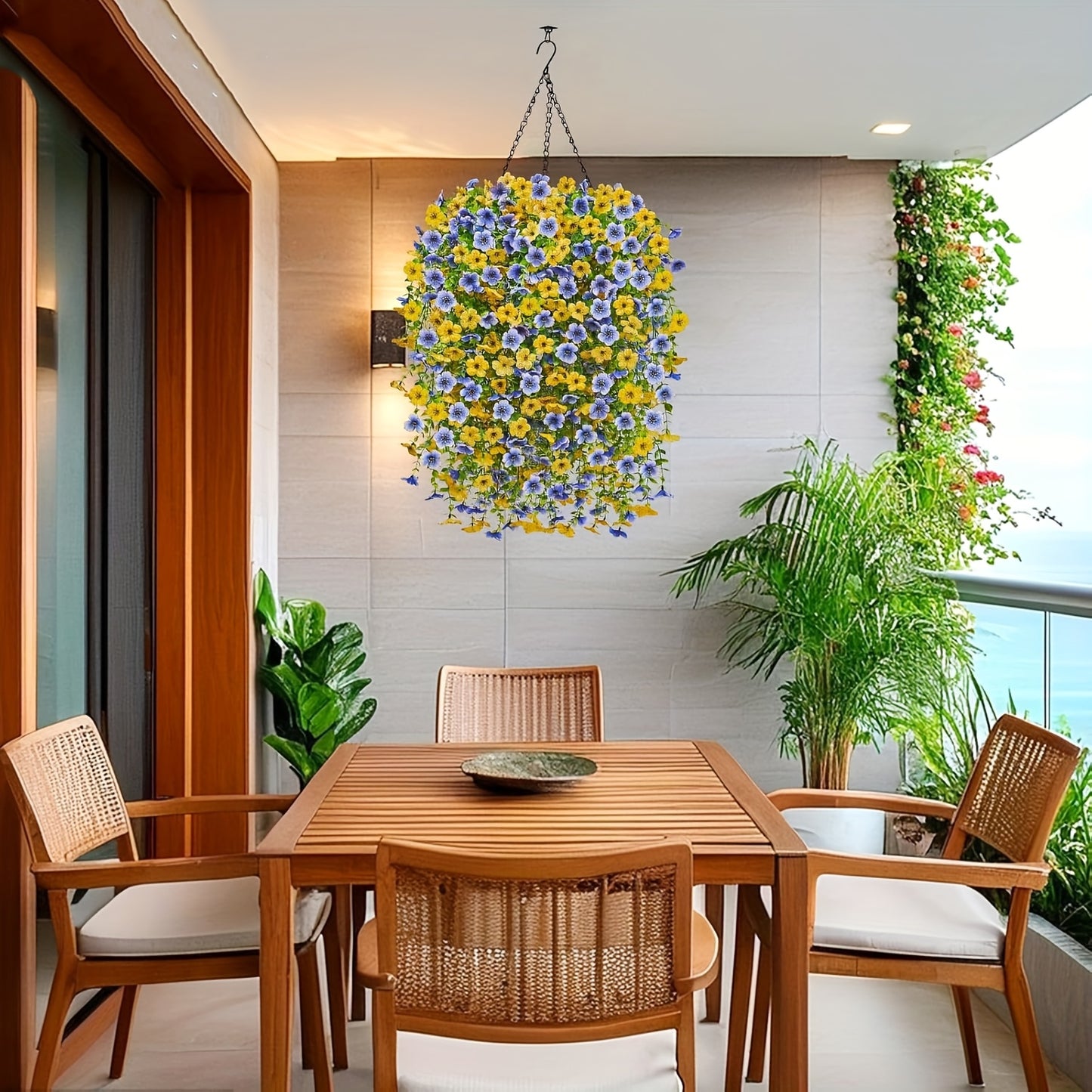 8pcs UV-Resistant Artificial Hanging Vines with Vibrant Blue & Yellow Flowers - Flexible Stems for Easy Shaping, No Maintenance Bohemian Chic Home Decor, Artificial Flowers for Home Decor, Garden Decor, Porch Embellishment, Easy Shaping Vines