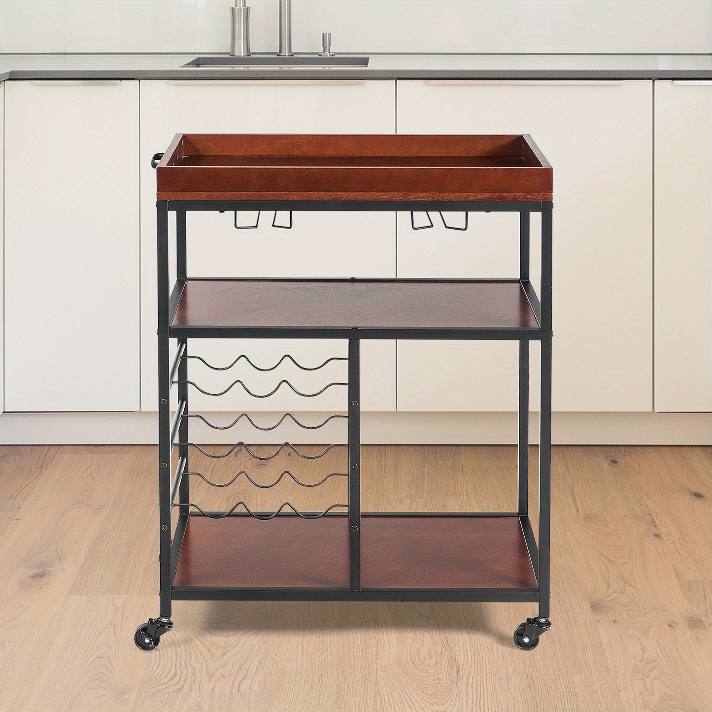 3 Tier Rustic Bar Cart, Industrial Rolling Bar Cart with Wine Racks & Glass Holders, Lockable Wheels, Wooden Mobile Beverage and Drink Carts with Metal Frame, for Home Kitchen, Rustic Brown