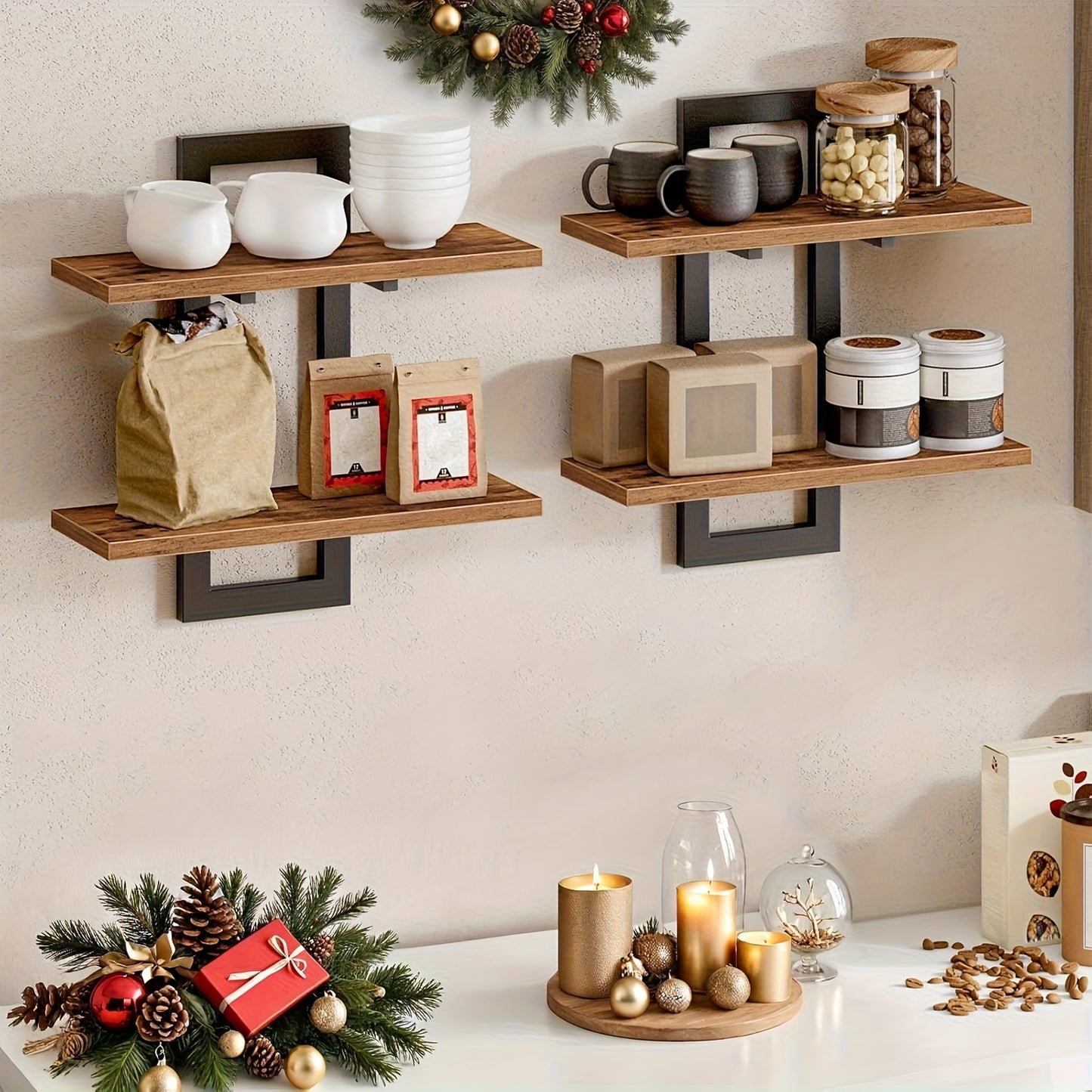 Set Of 2 Floating Shelves | 2 Tiers | Wall-Mounted Storage | For Bathroom, Living Room, Bedroom, And Kitchen