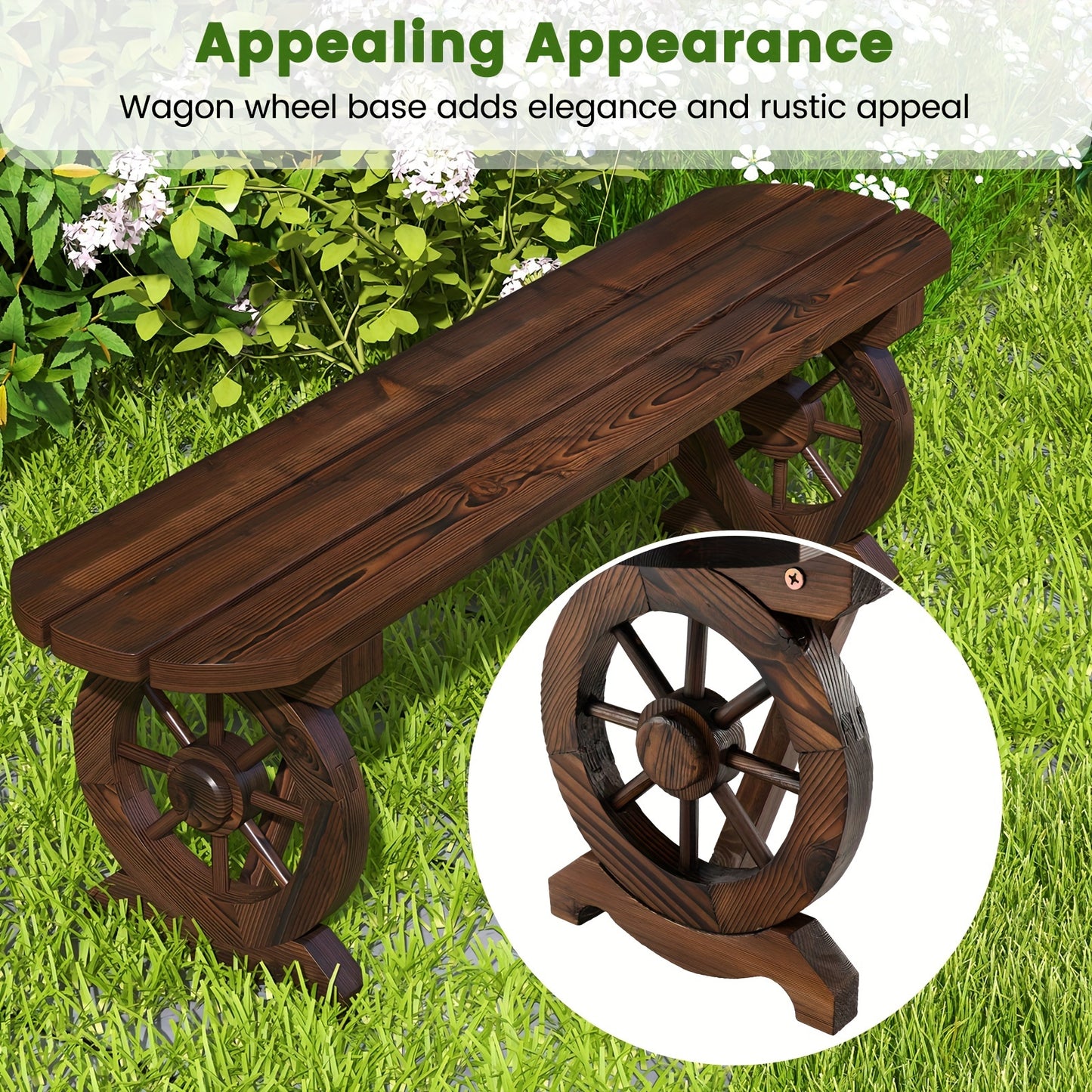 Patio Wood Bench, Outdoor Rustic Wagon Wheel Bench, 2-Person Wooden Outdoor Bench For Patio, Garden, Porch, Park, 710 Lbs Weight Capacity, Brown