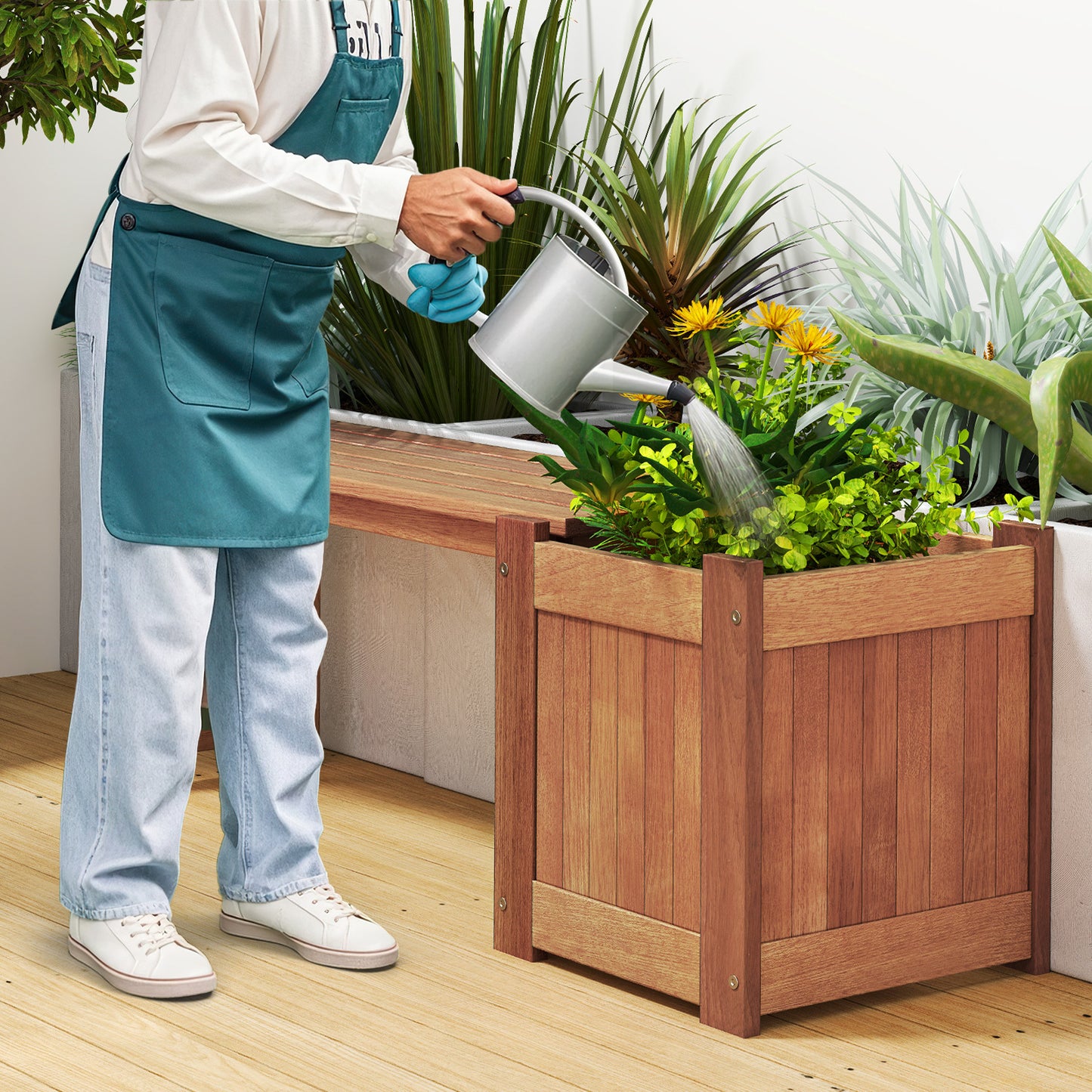 Hardwood Flower Box w/ Bench, Outdoor Raised Garden Bed w/ Spacious Seat, Open-ended Bottom, Perfect for Herbs, Fruits, Vegetables, 2-in-1 Planter Bench for Patio, Backyard, Garden
