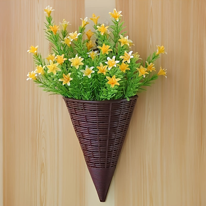 16pcs Rattan-Style Woven Wall Hanging Planters - Lightweight Plastic Cone-Shaped Flower Baskets with Decorative Metal Rings, Indoor/Outdoor Wall-Mounted Vases for Balcony, Garden & Patio Decor