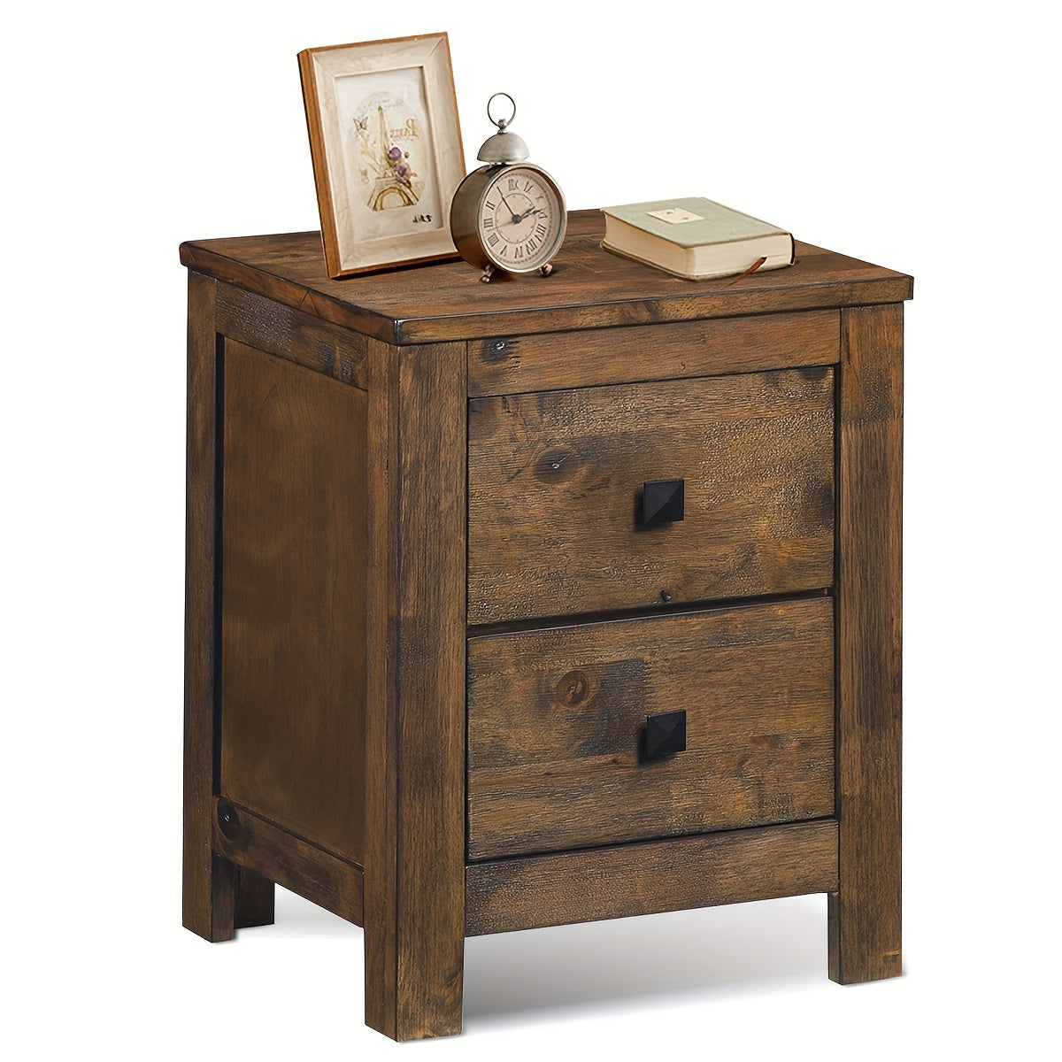 1pc Rustic Wooden Nightstand With 2 Sliding Drawers, 17x21x14.5 Inches, Vintage Bedside Sofa Side End Coffee Table For Bedroom Storage, Farmhouse Style Bedroom Furniture