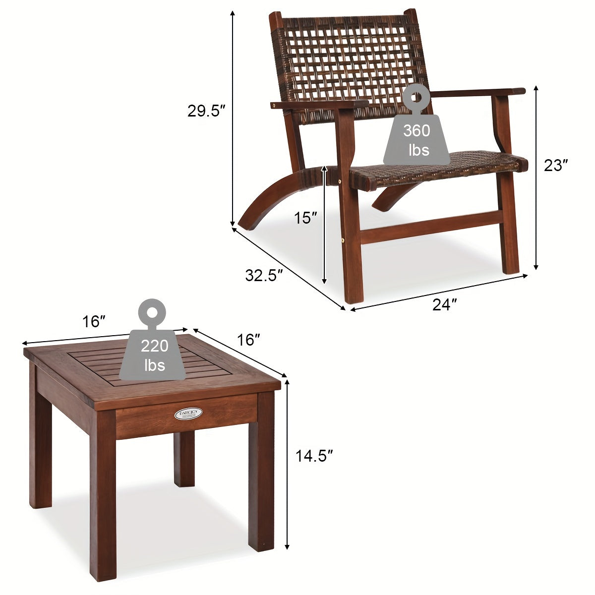 3pcs Outdoor Patio Rattan Furniture Set, Solid Wood Frame Chair And Coffee Table