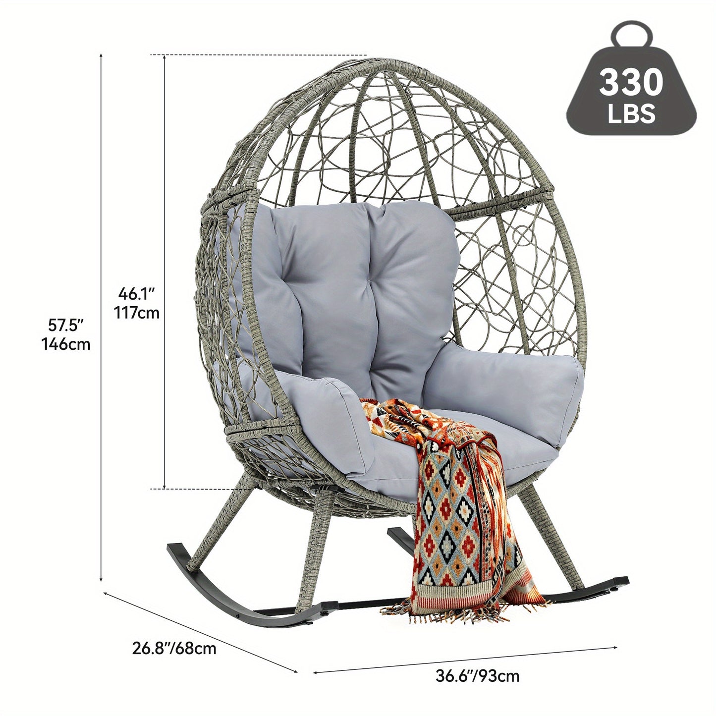 Outdoor Rocking Egg Chair with Cushion, PE Rattan Patio Rocker 250lb Capacity, Anti- Slip, Rocking Patio Chair