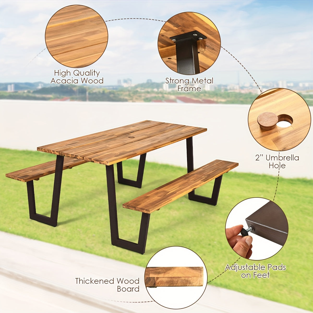 Picnic Table Bench Set Outdoor Camping Wooden 2 Benches w/Umbrella Hole Patented