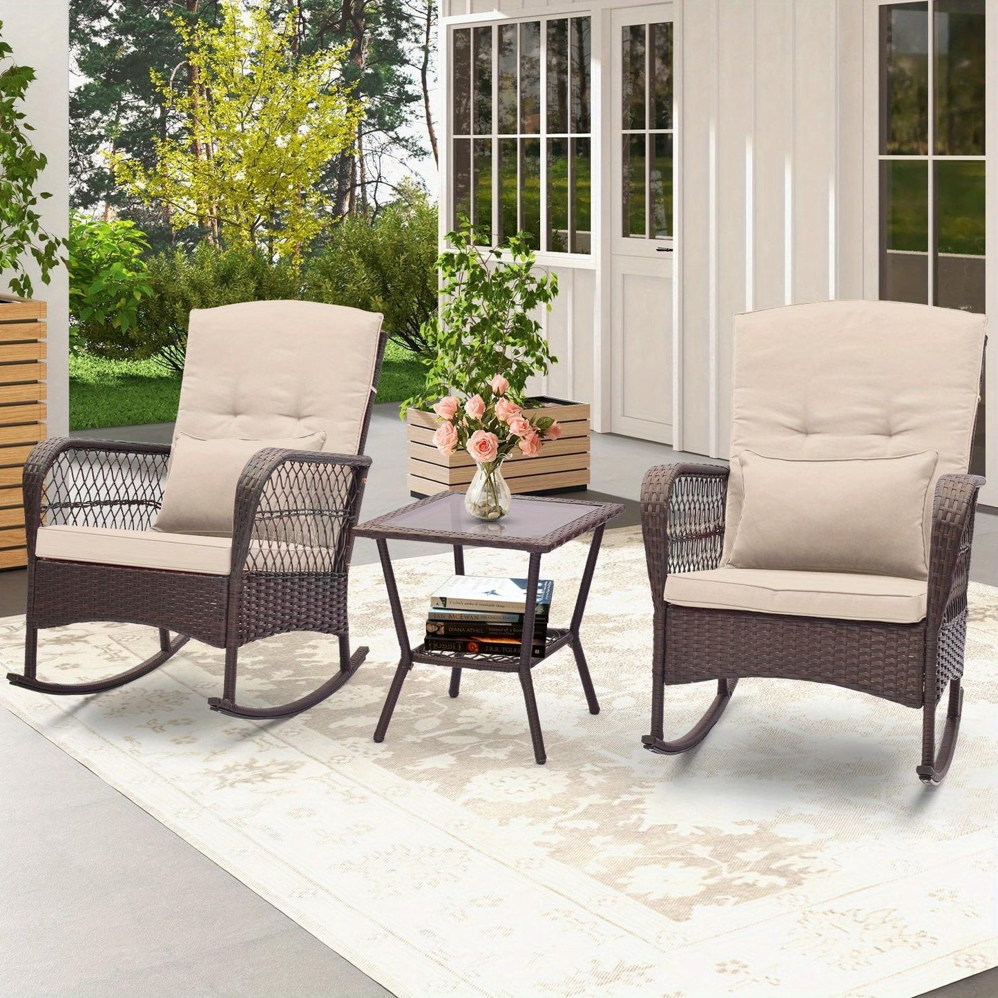 3pcs Patio Rocker Set, Outdoor Wicker Rocking Chairs w/ Double-Layer Coffee Table, Rattan Rocker Chair Set w/ Seat Back Cushions & Pillows, for Porch, Backyard, Poolside.