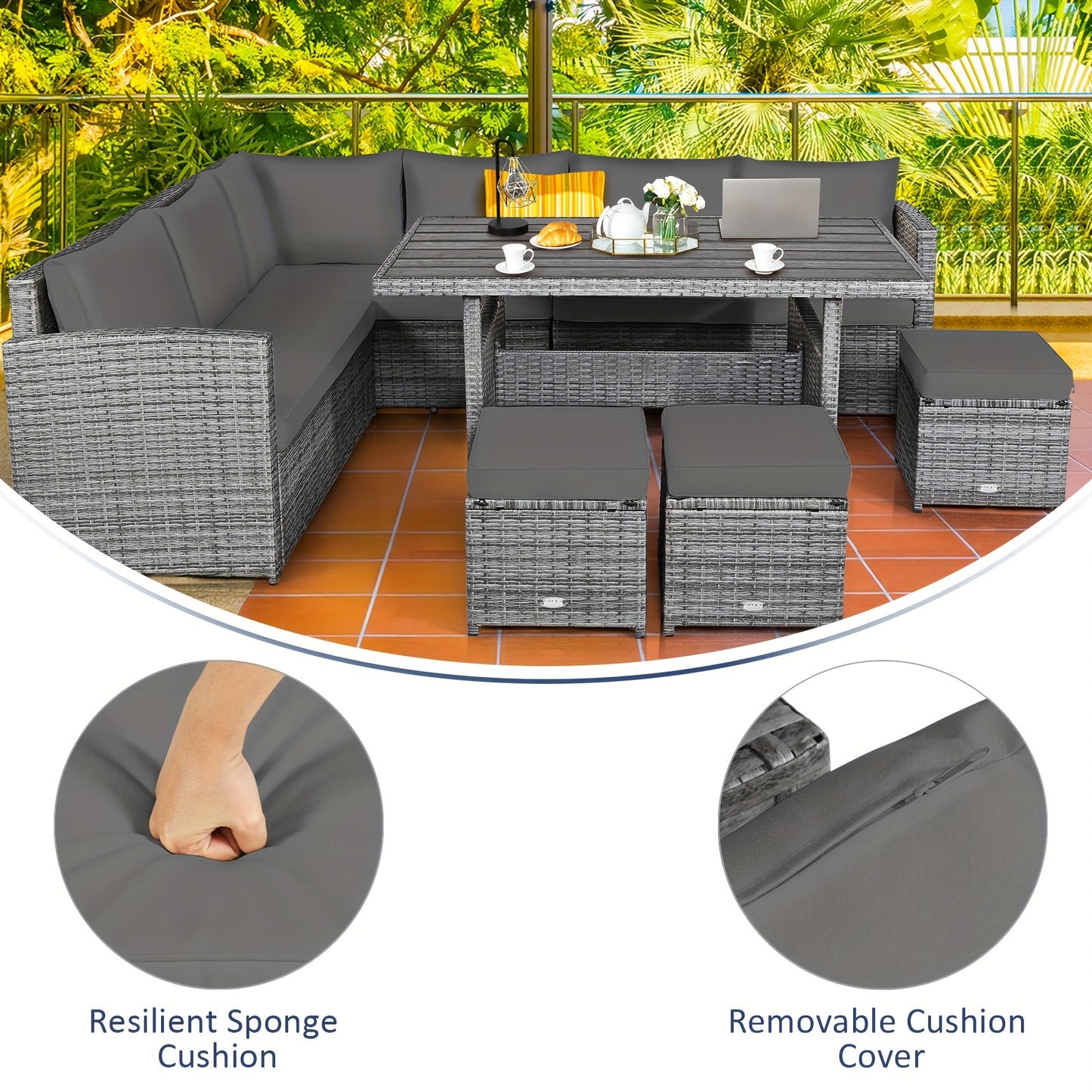 7pcs Patio Rattan Dining Set, Sectional Sofa Couch Ottoman For Garden Gray