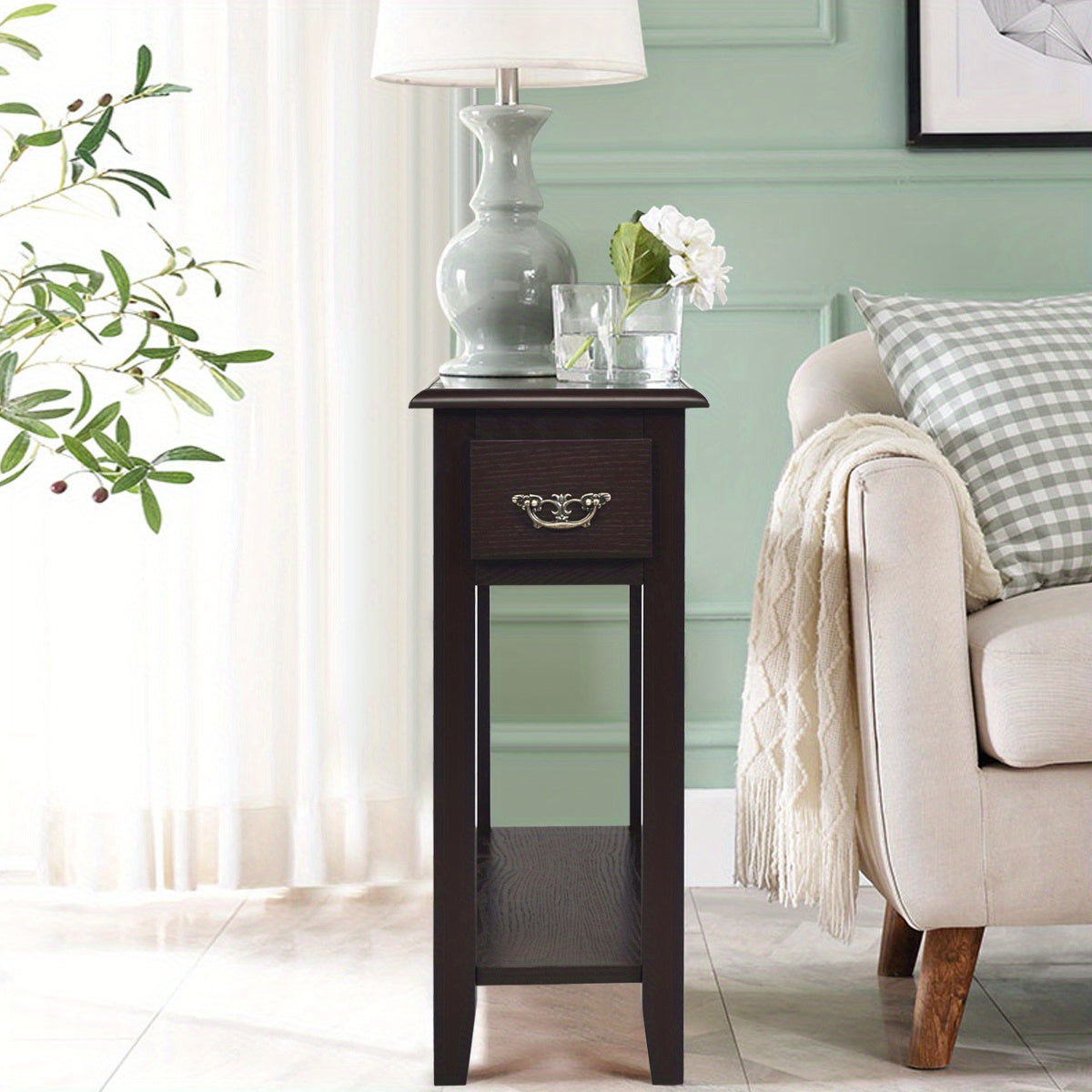 2-Tier COSTWAY Side Table - Storage Drawer, Lower Shelf, Easy Assembly, Sturdy Rubber Wood Legs for Small Spaces (Bedroom, Living Room, Entryway)