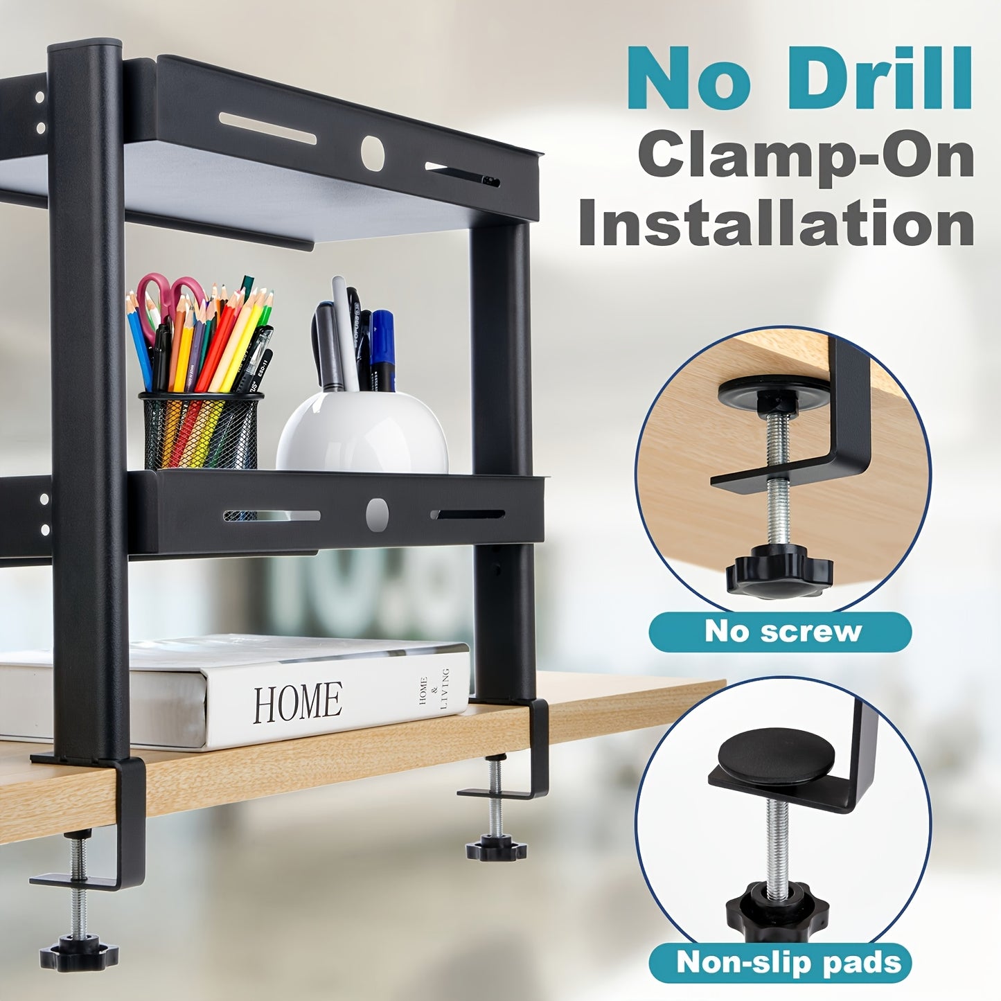 17inch Adjustable Clamp-On Desk Organizer - Dual Layer Metal Side Table, Easy Install, Space-Saving Storage For Office Supplies & Accessories