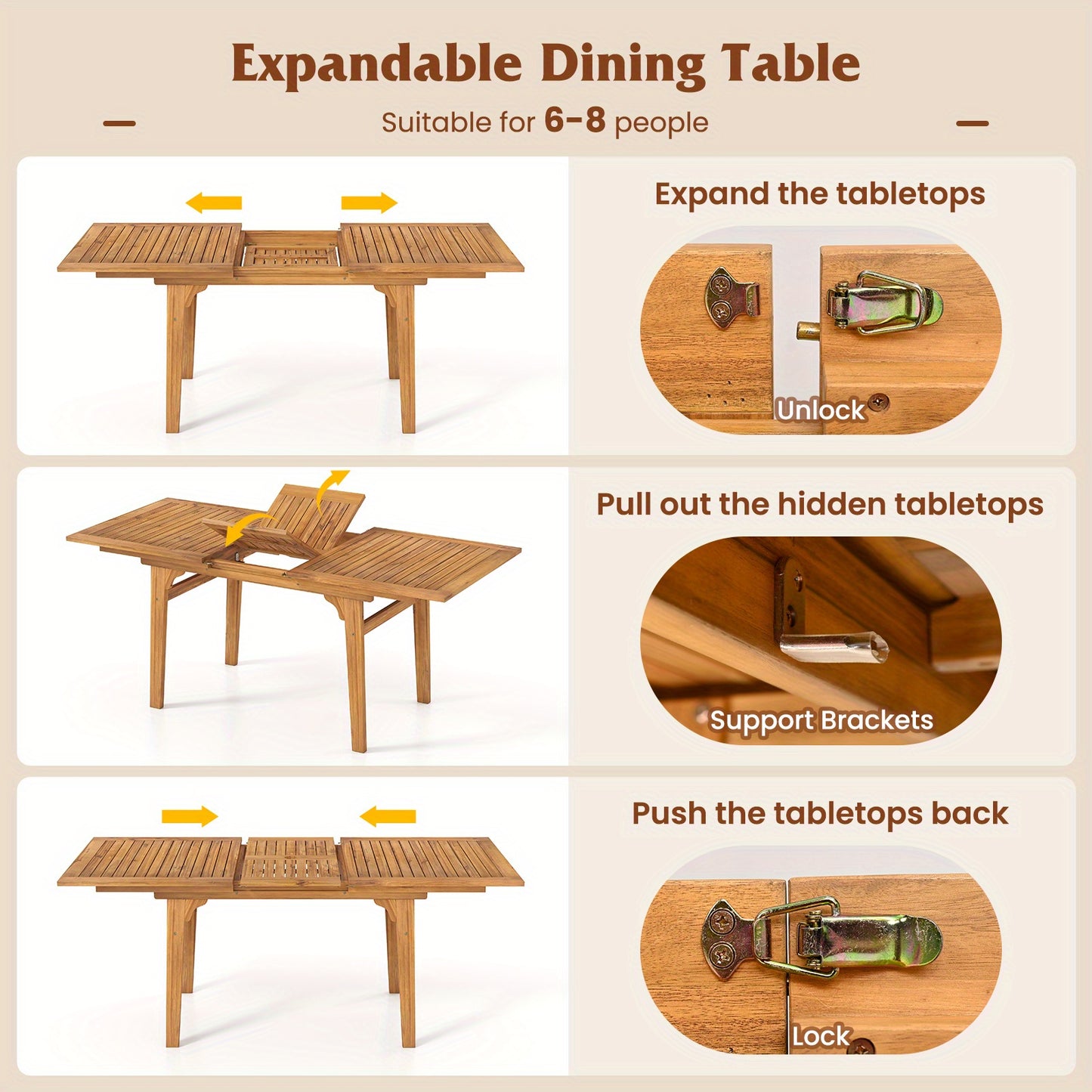 Expandable Outdoor Dining Table for 6-8 Person, 55" -71" Acacia Wood Patio Table with 1. 97" Umbrella Hole and Slatted Tabletop, Rectangular Table for Garden, Yard, Deck