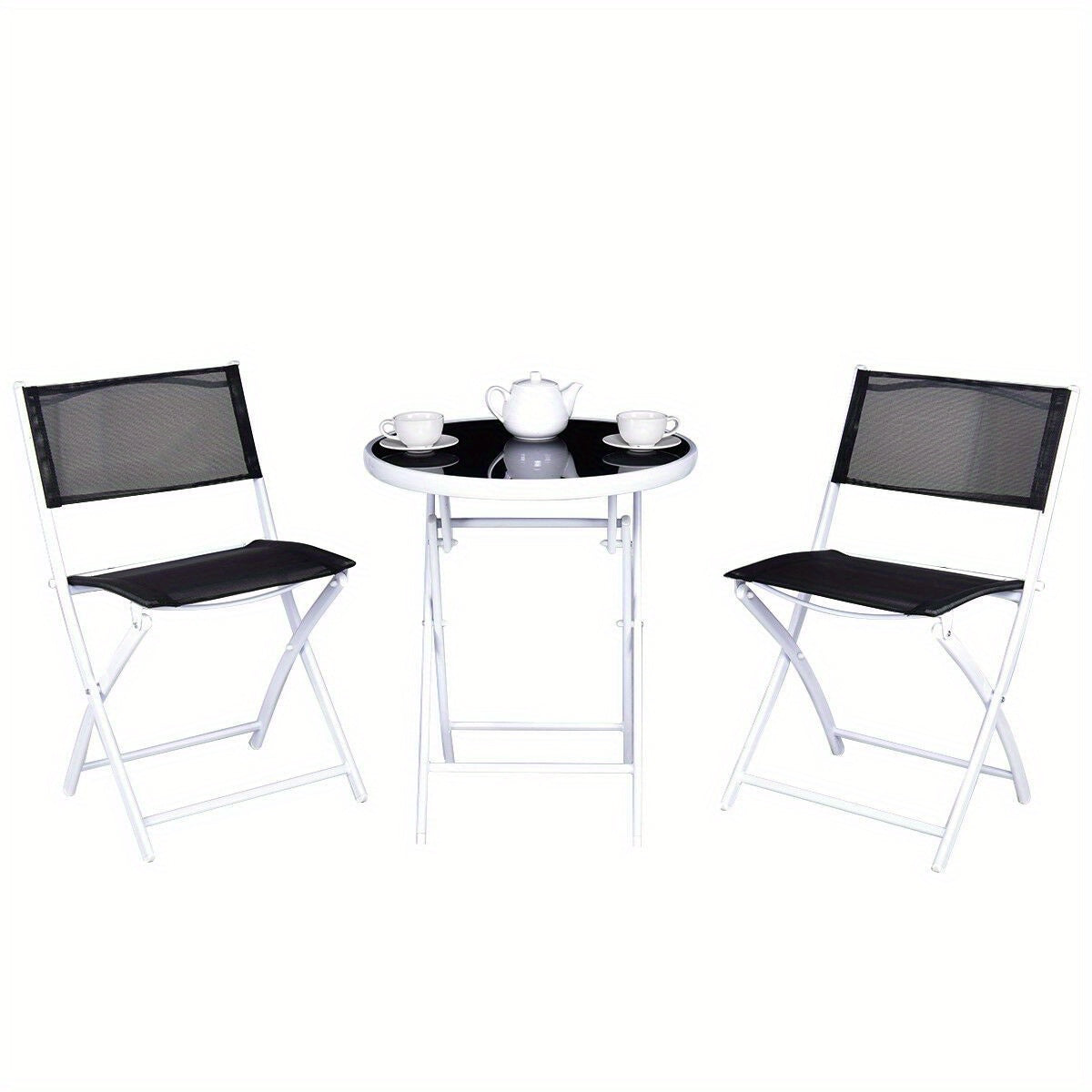 3pcs Elegant Folding Bistro Set with Black Tempered Glass Top - Durable Metal Frame & Textile Fiber Seats, Easy Clean - Ideal for Patio, Garden, Deck - No Assembly Required, Outdoor Patio Furniture