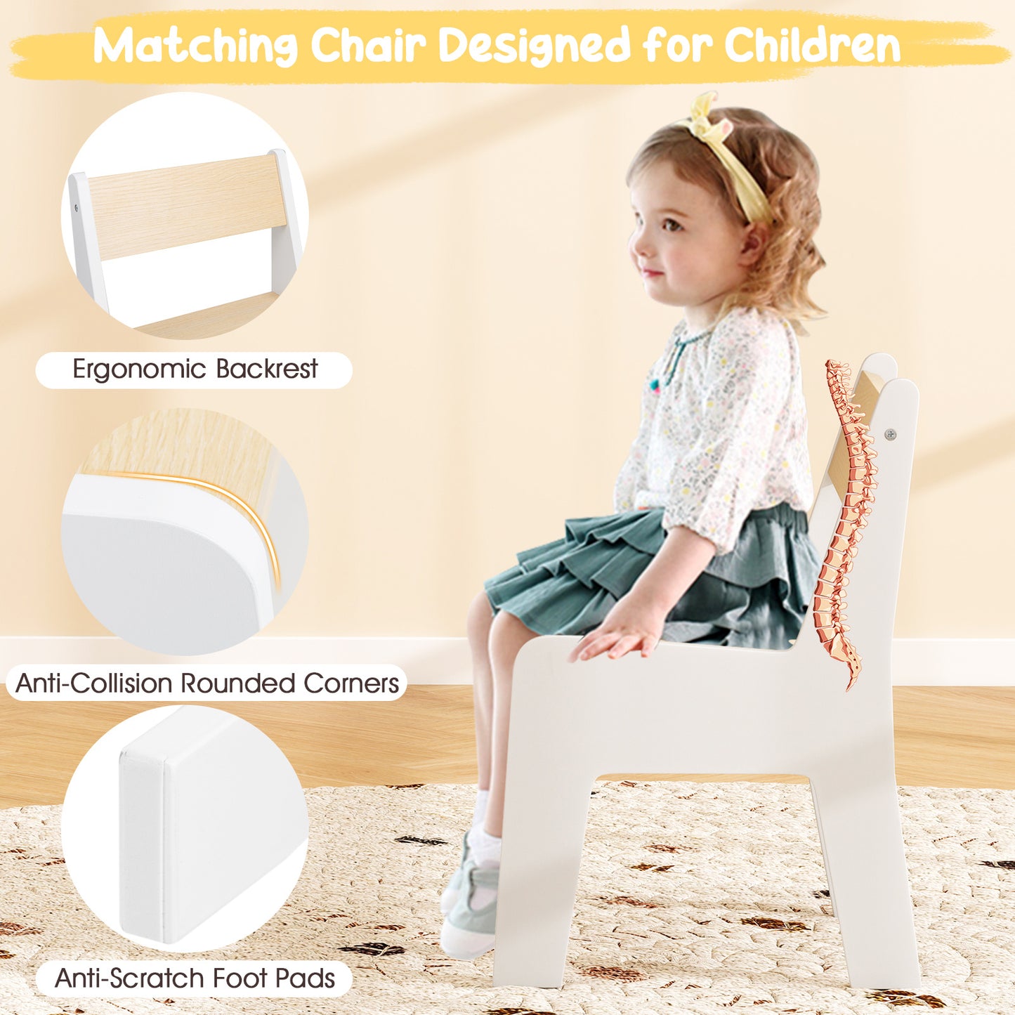 Kids Table and Chair Set, Wooden Activity Desk and Chair Set with 2in 1 Detachable Tabletop, Storage and Paper Roll Holder for Classroom, Home, Nursery and Playroom, Natural White