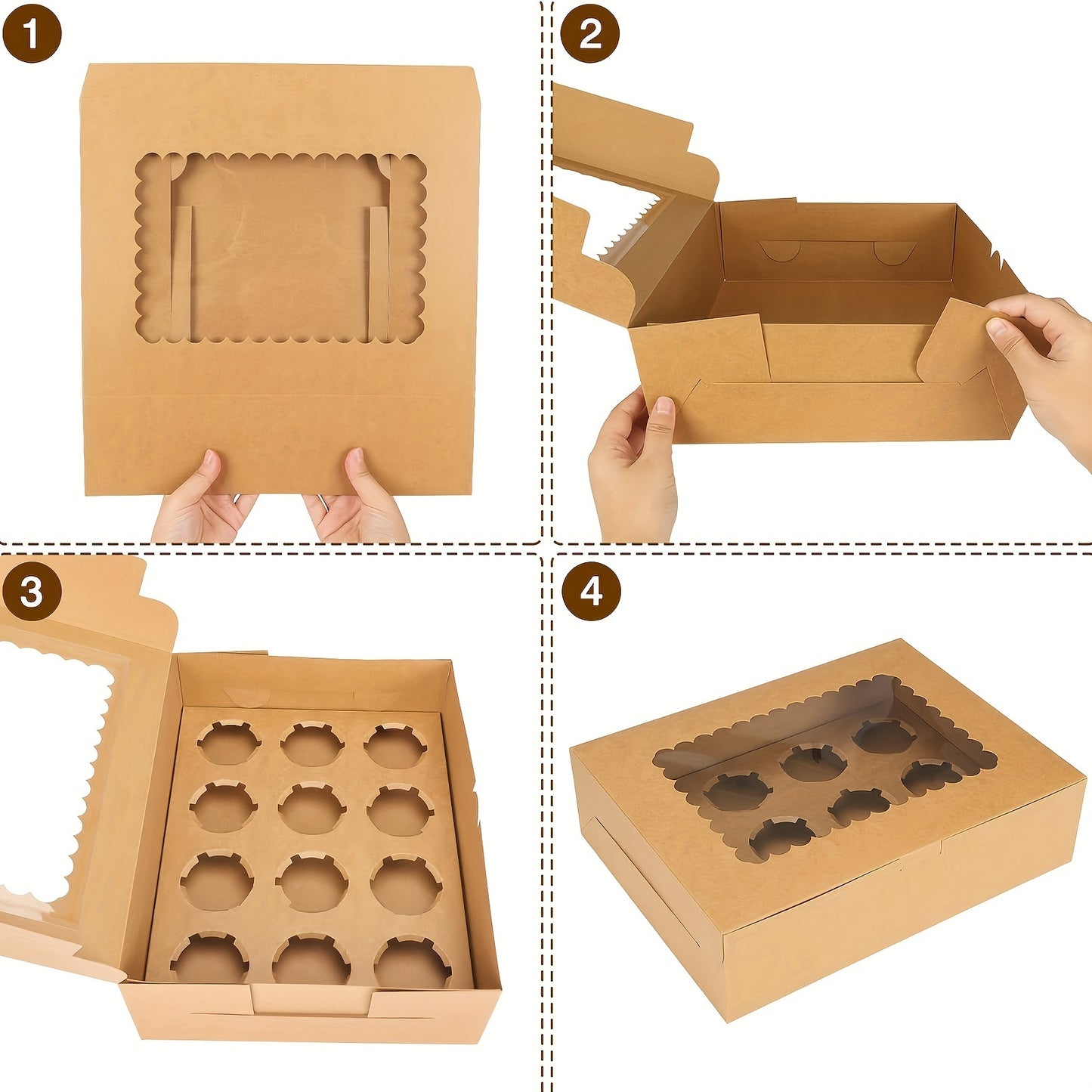 24/48/96pcs Brown Cupcake Containers - Kraft Bakery Carrier Boxes with Windows, Holds 12pcs Cupcakes, 13x10x3.5in, Includes Cardboard Inserts, Perfect for Christmas Gift Boxes, Muffins And Pastries