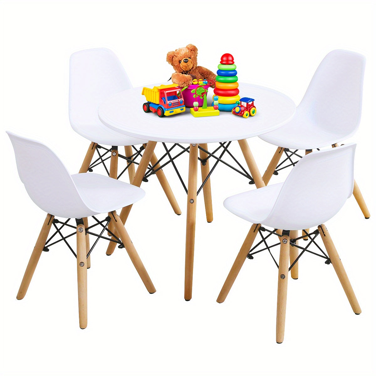 5pcs Kids Mid-Century Modern Table Set Round Table w/ 4 Armless Chairs White