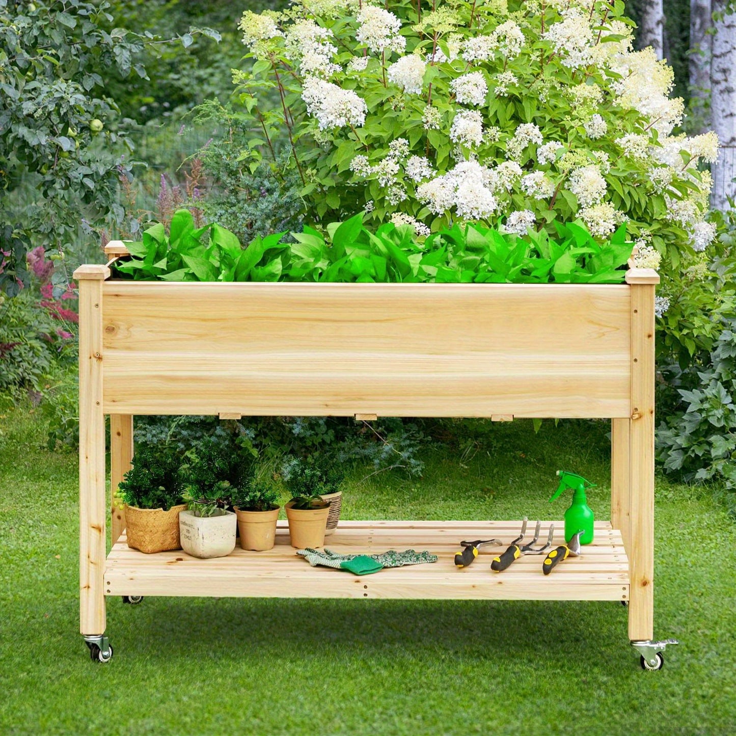 Elevated Mobile Wooden Garden Bed on Lockable Wheels, Versatile Free-Standing Planter Box for Flowers, Ideal for Patio Spaces, Multi-Purpose Vegetable Bed with Integrated Storage Shelf, Natural