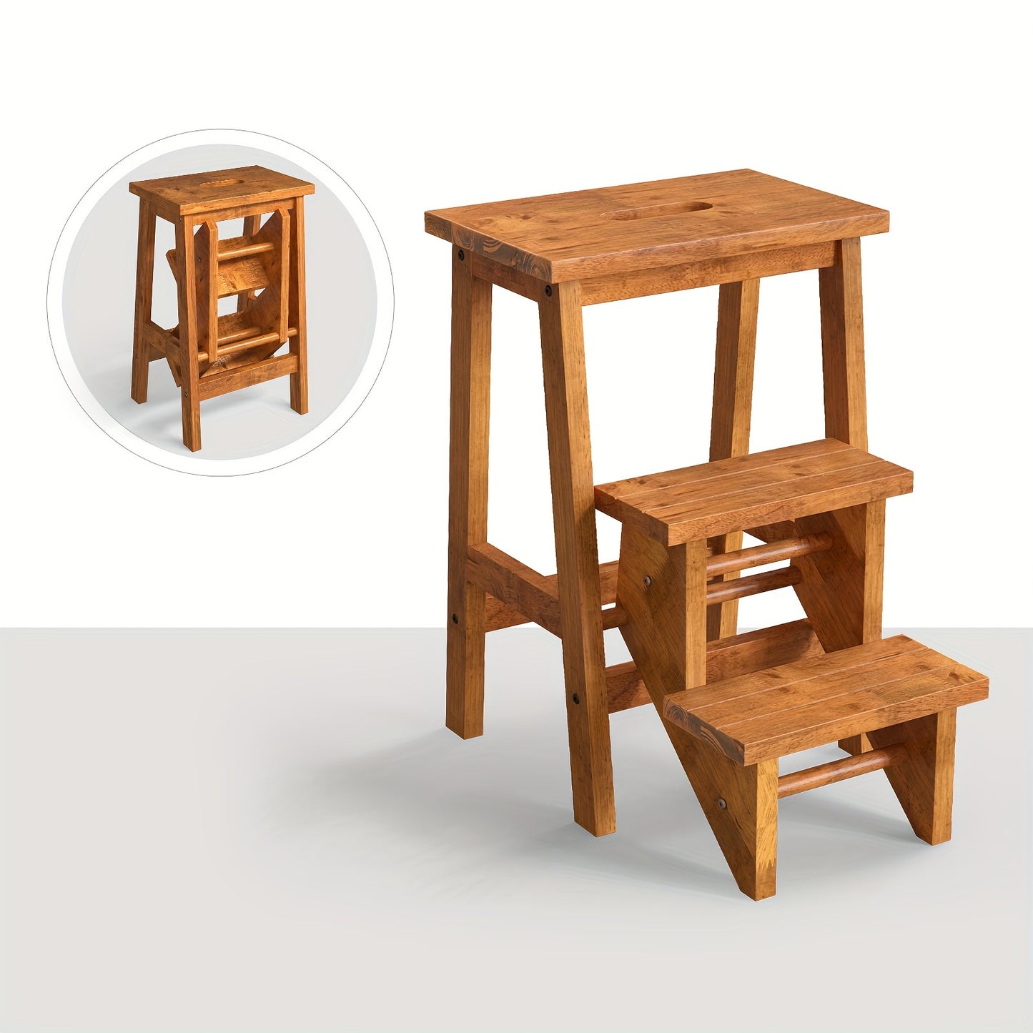 3-in-1 Folding Step Stool | 24" | Rubber Wood | Durable & Portable, Sturdy Ant-Slip Surface, 200 lbs Capacity Per Pedal | Home, Garage, or Garden Use | Rustic Wood | Secure Connection Joints