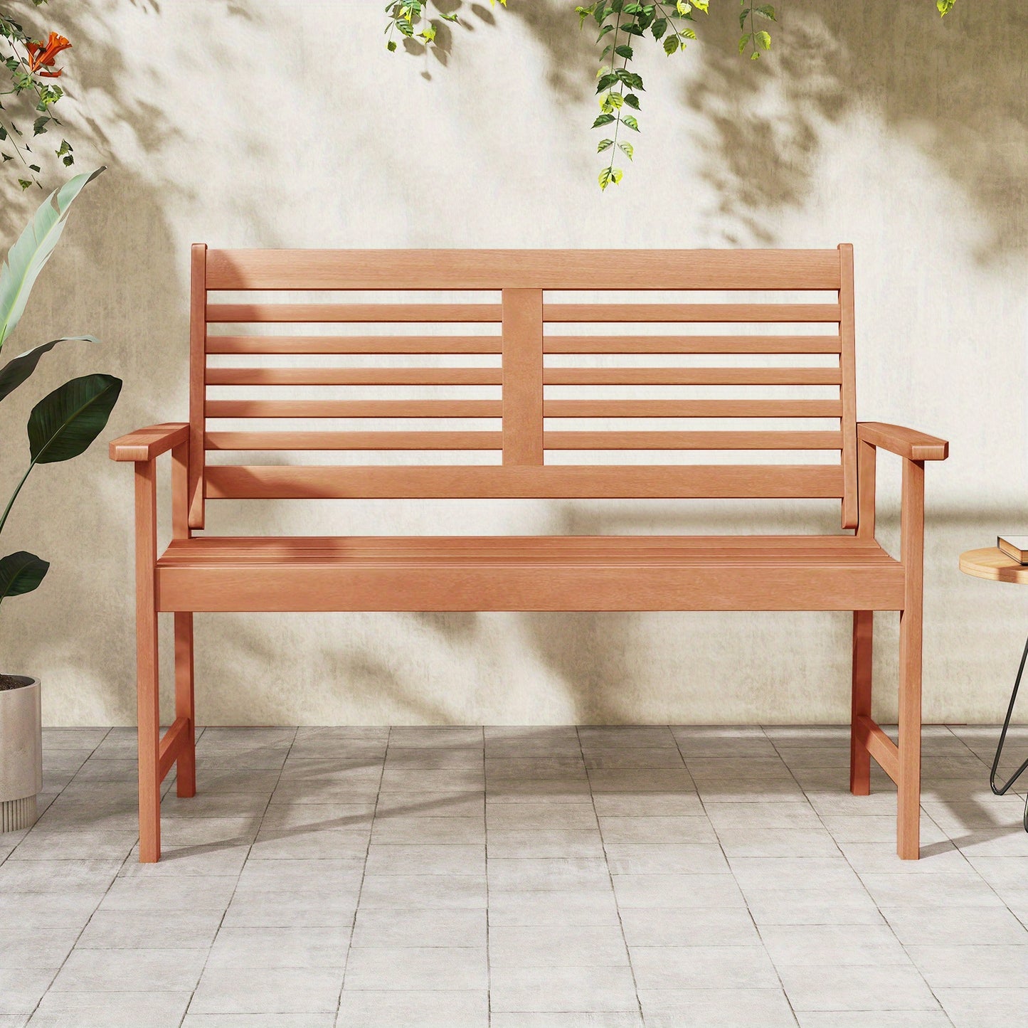 Outdoor 2-Seat Patio Loveseat Bench with Inclined Backrest & Slatted Seat - Solid Hardwood Armchair, Weather-Resistant Teak Finish, No Electricity Needed for Backyard, Poolside, Front Porch, Outdoor Furniture, Poolside Seating