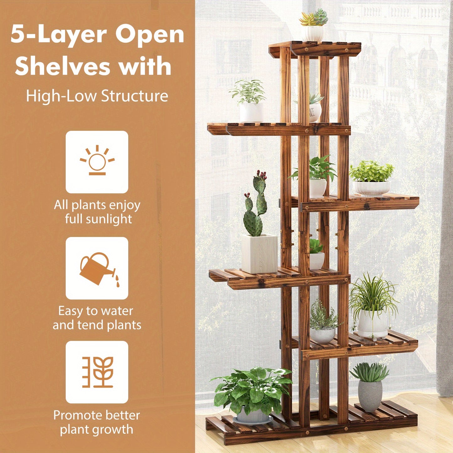 6-Tier Wooden Plant Stand - Sturdy Fir Wood Indoor/Outdoor Flower Rack with 6 Shelves, Easy Assembly for Balcony, Garden, Living Room - Space-Saving Vertical Design for Multiple Pots, Indoor Plant Display, Natural Wood Finish, Durable Construction
