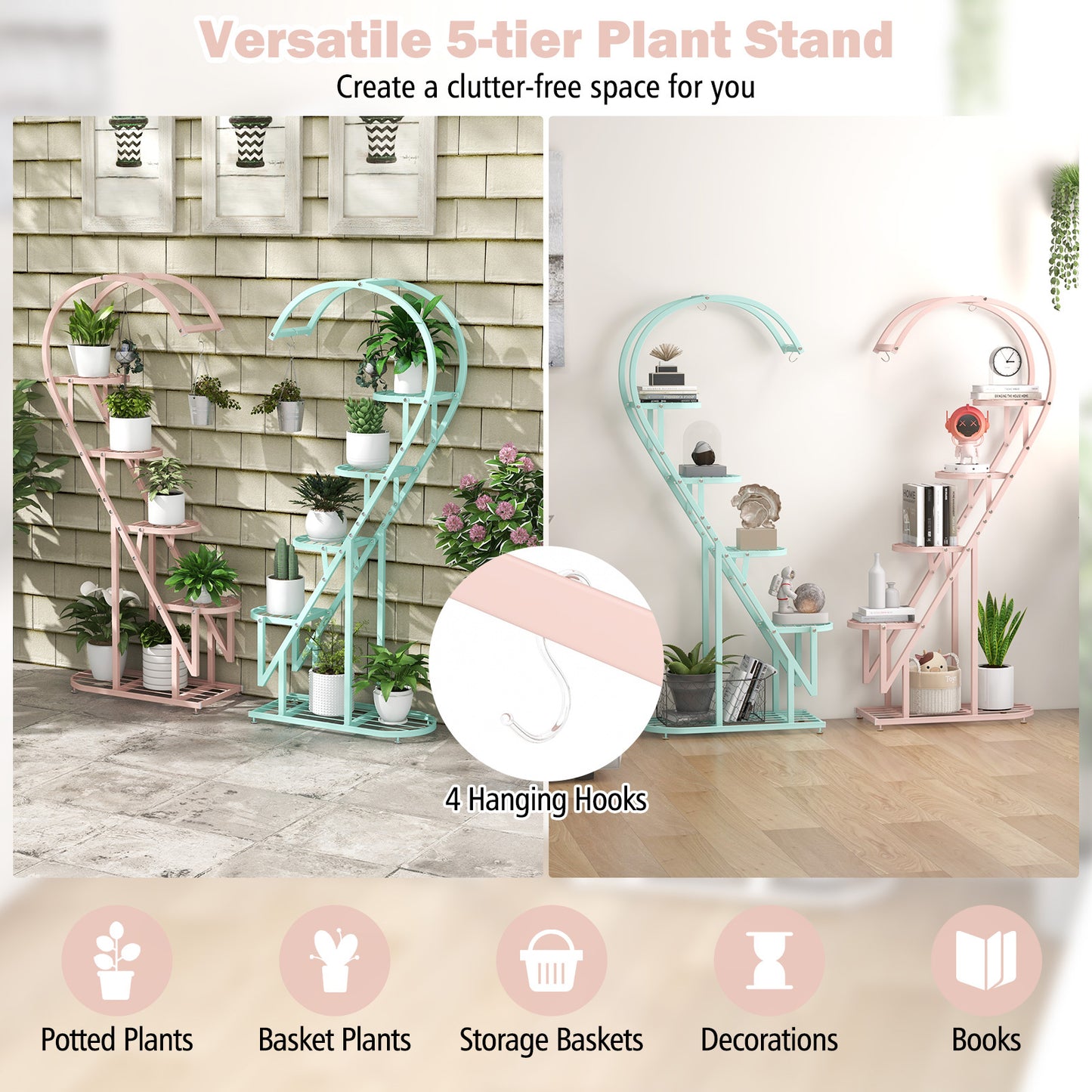 5 Tier Metal Plant Stand, Heart-shaped Ladder Plant Holder w/Hanging Hook for Multiple Plants, Indoor Corner Flower Rack for Home Decor, Patio, Balcony, Garden, Black/White/Pink & Blue