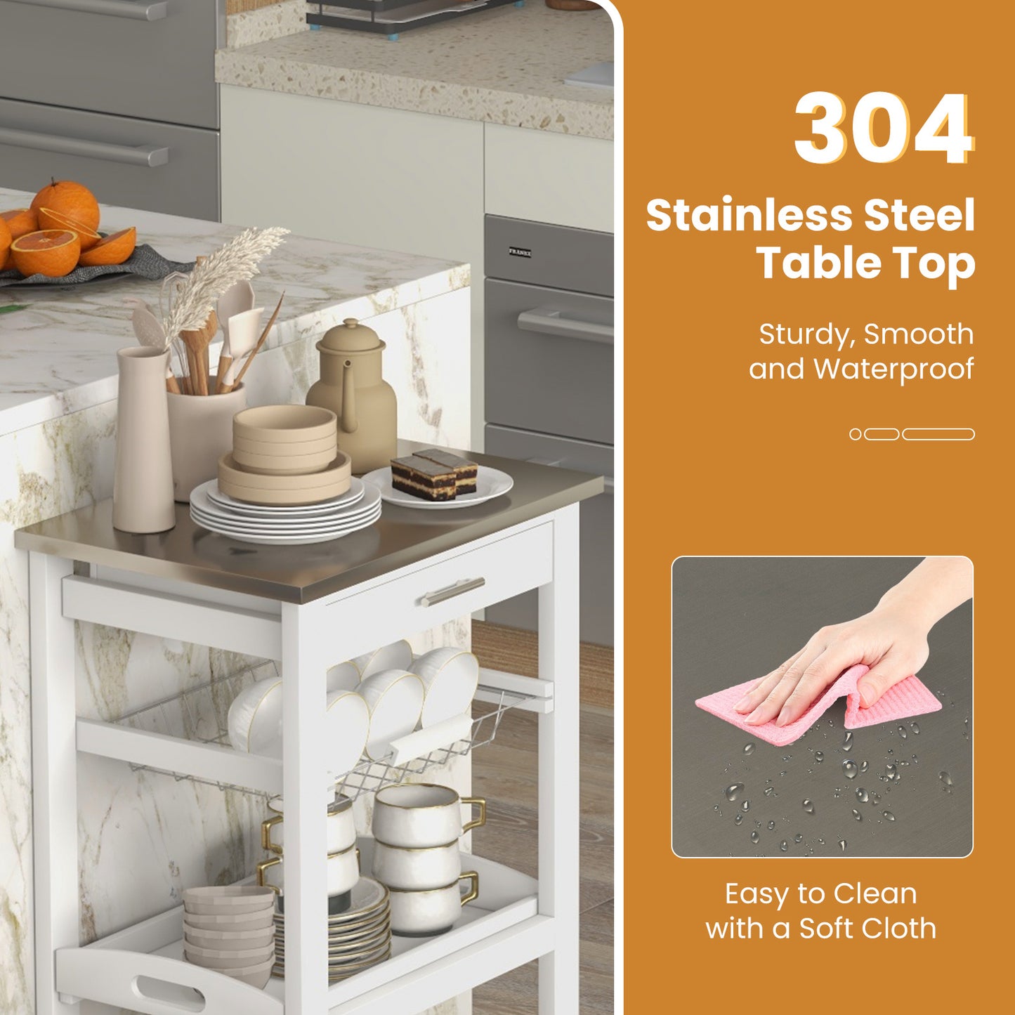 Kitchen Island on Wheels, Rolling Kitchen Cart with Stainless Steel Countertop, Slide-out Metal Wire Basket, Serving Tray, Lockable Casters, Utility Storage Trolley for Kitchen, Dining Room