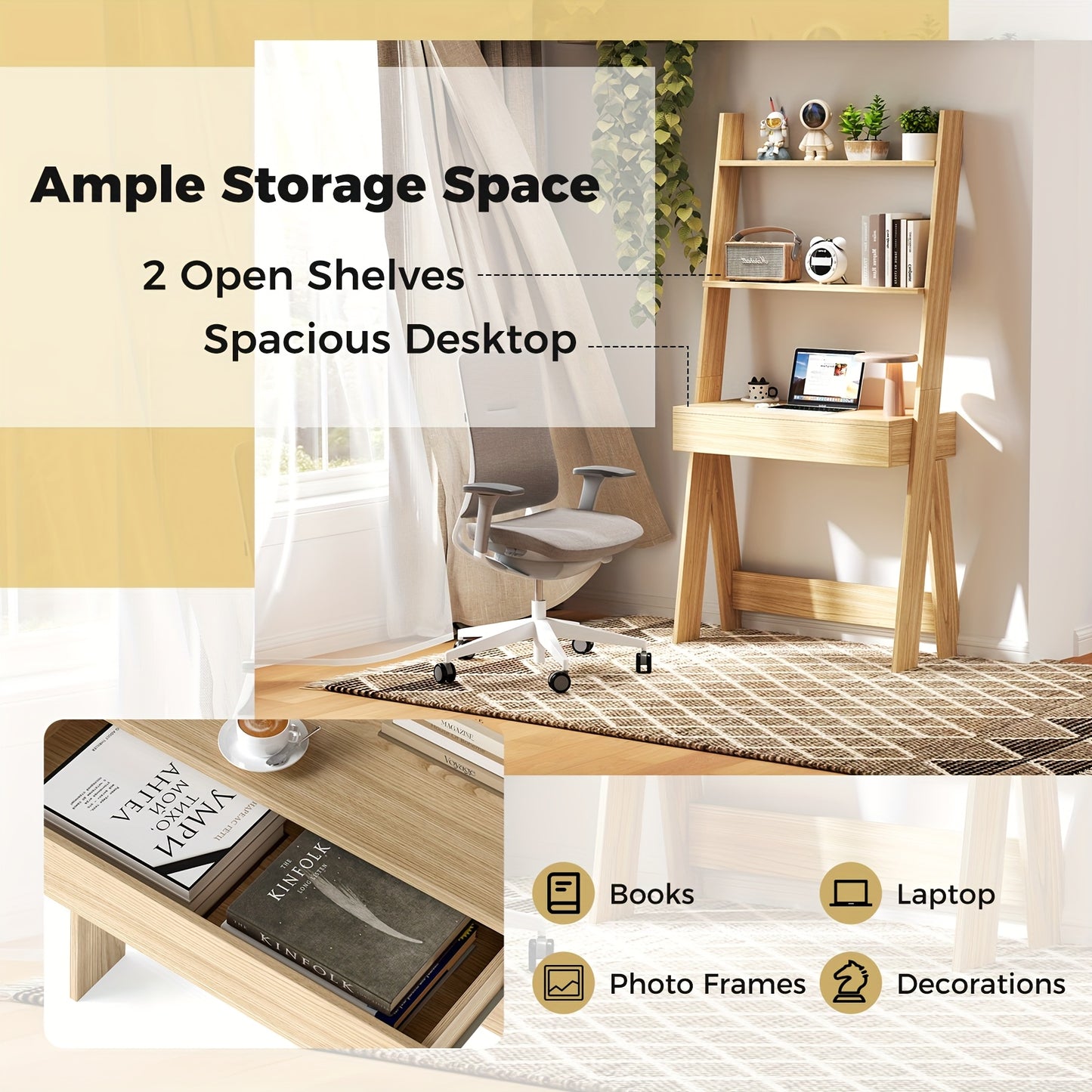 Ladder Shelf Desk Bookcase w/Countertop, Drawer & 2 Shelves Bookshelf