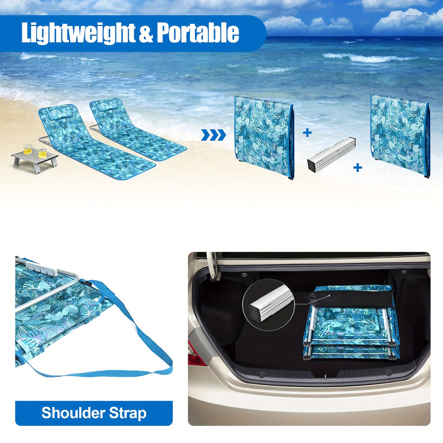 3-Piece Beach Lounge Chair Mat Set 2 Adjustable Lounge Chairs with Table Green