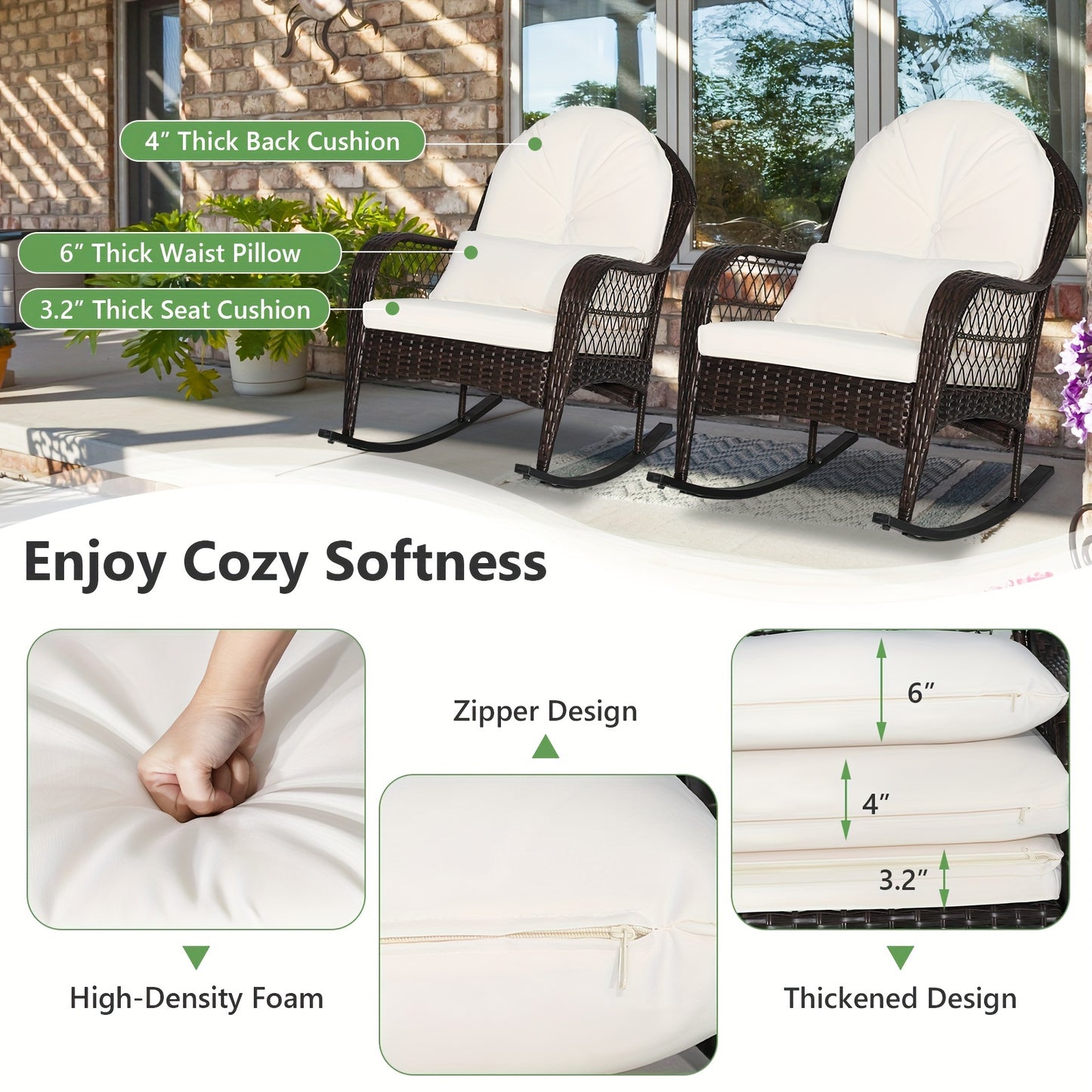 Patio Wicker Rocking Chair W/Seat Back Cushions & Lumbar Pillow Porch Off White