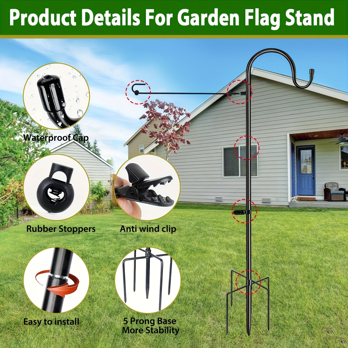 48" Heavy-Duty Adjustable Garden Flag Stand with 5-Prong Base, Metal Shepherd's Hook for Hanging Flags, Bird Feeders & Outdoor Decor - No Electricity Needed, Black, Garden Flags for Outside