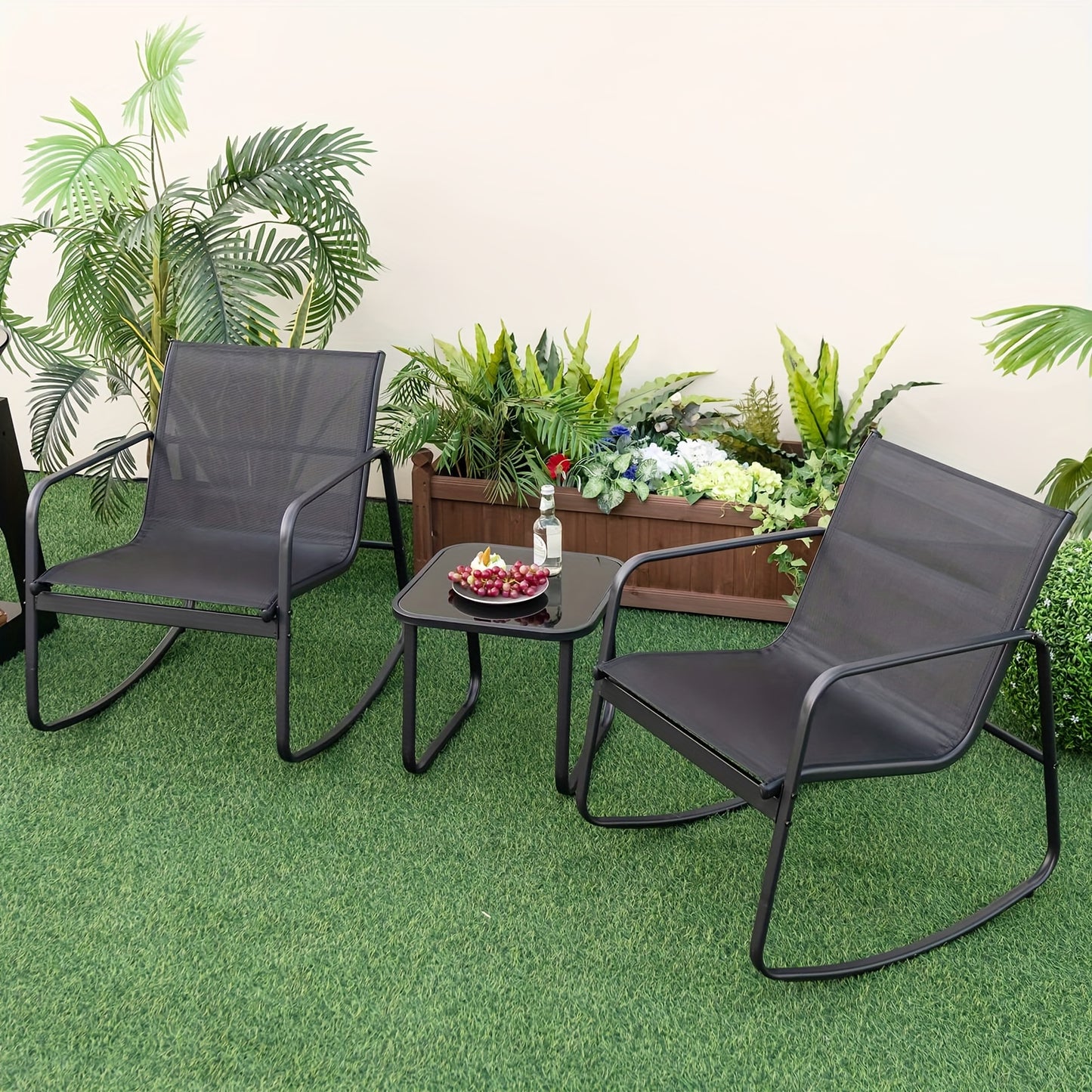 3pcs/set COSTWAY Patio Rocking Chairs Set - 2 Rocking Bistro Chairs & Glass-Top Table For Porch