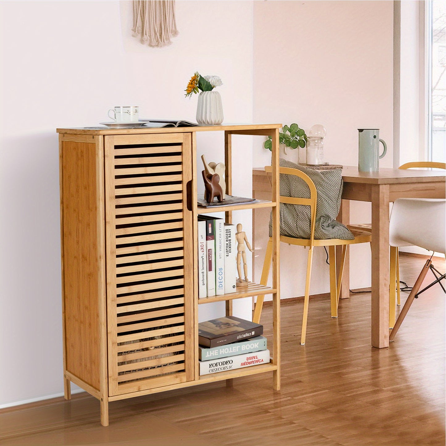 Bathroom Cabinet Bamboo Storage Floor Cabinet w/ Single Door & 3 Open Shelves