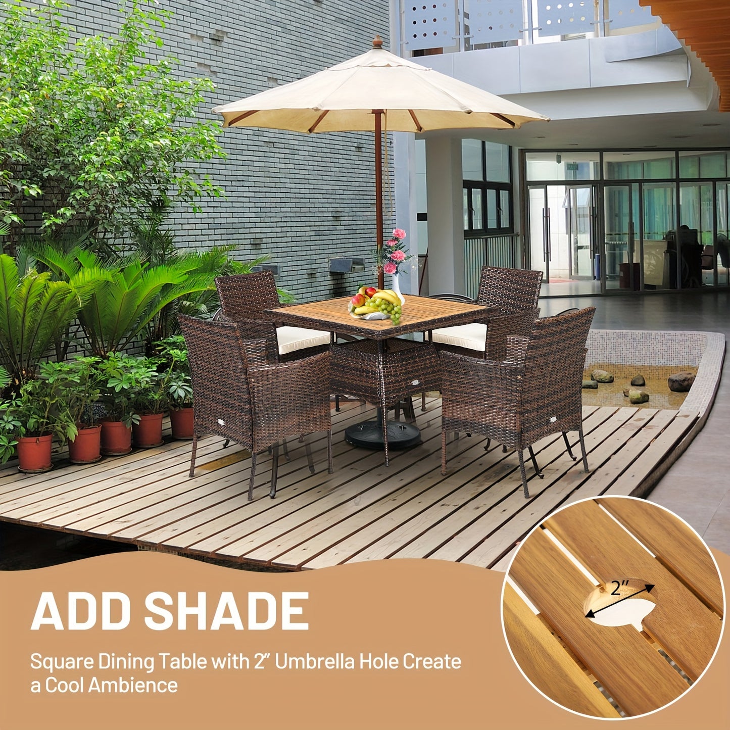 5pcs Patio Dining Set with Acacia Wood Table and PE Rattan Arm Chairs, Mixed Brown & Off White, Patio Dining Table Set, Wooden Table Top